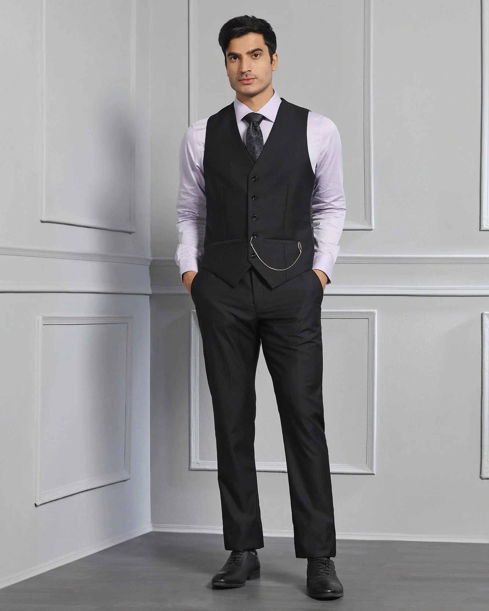 Luxe Three Piece Black Solid Formal Suit - Meriner - Image 5
