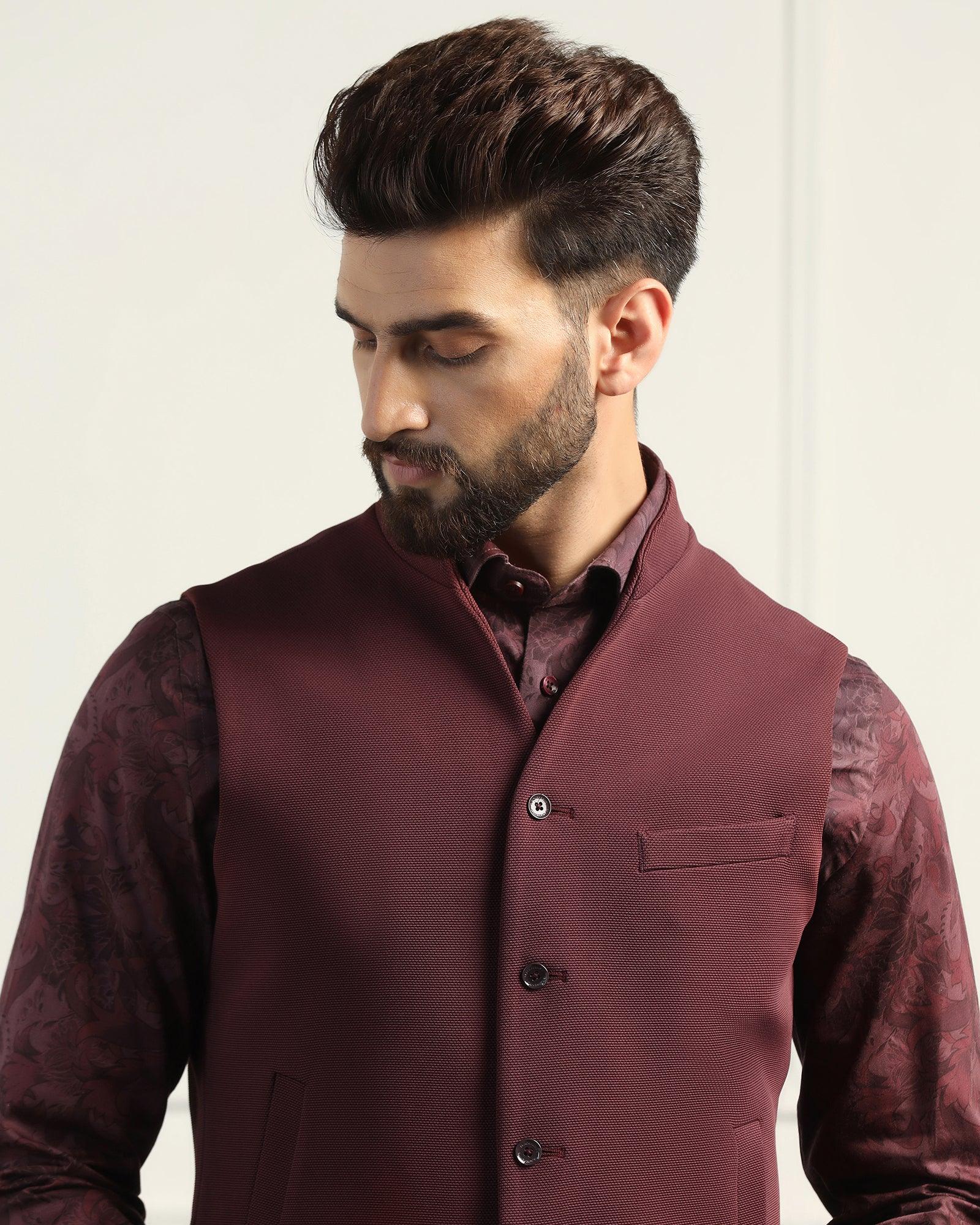 Bandhgala Formal Maroon Textured Waistcoat - Sail - Image 4