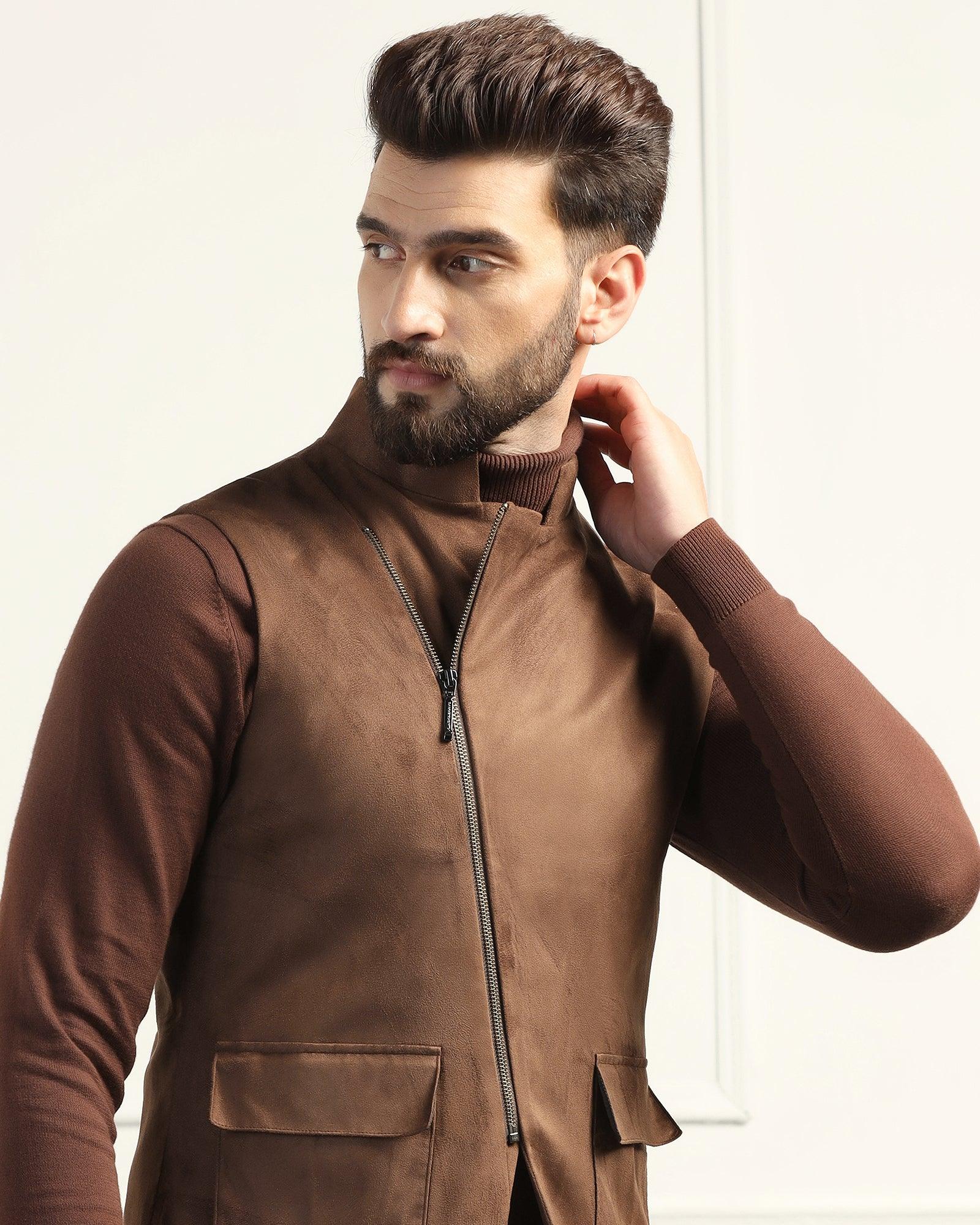 Bandhgala Formal Tobacco Brown Solid Waistcoat - Panther - Image 4