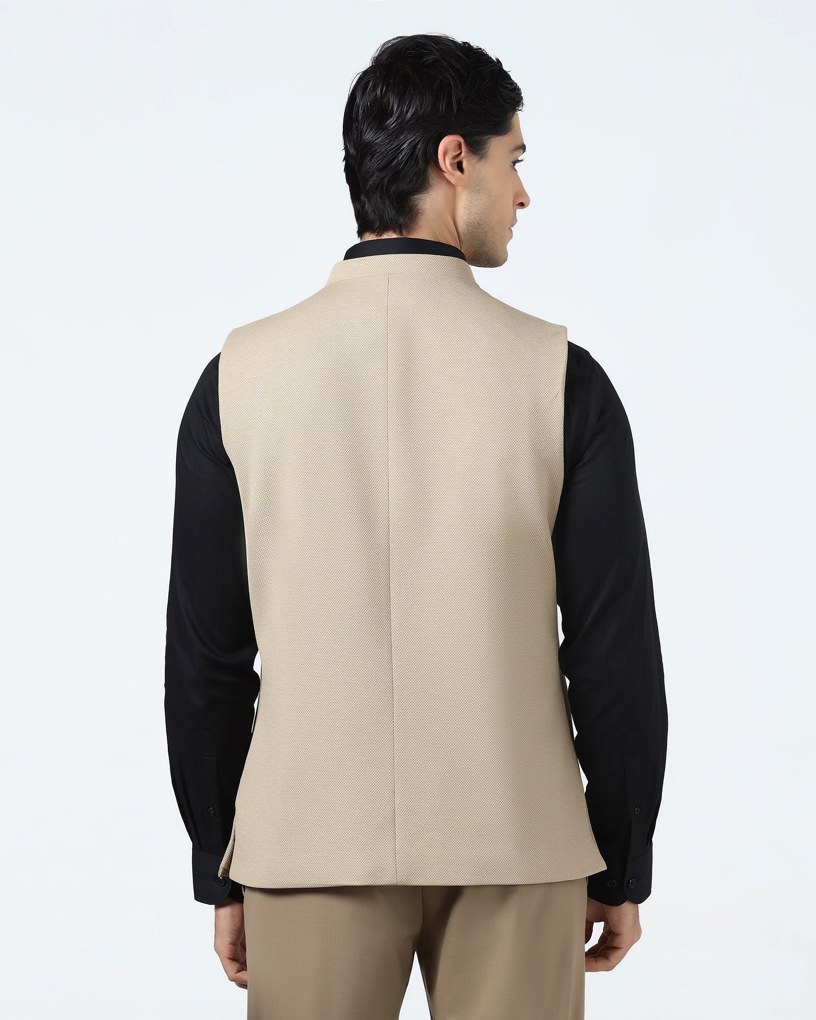 Beige Bandhgala Textured Waistcoat - Levon - Image 2