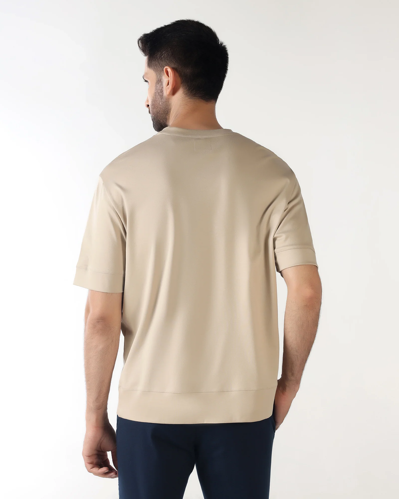 Beige Crew Neck Solid T-Shirt - Toss - Image 2