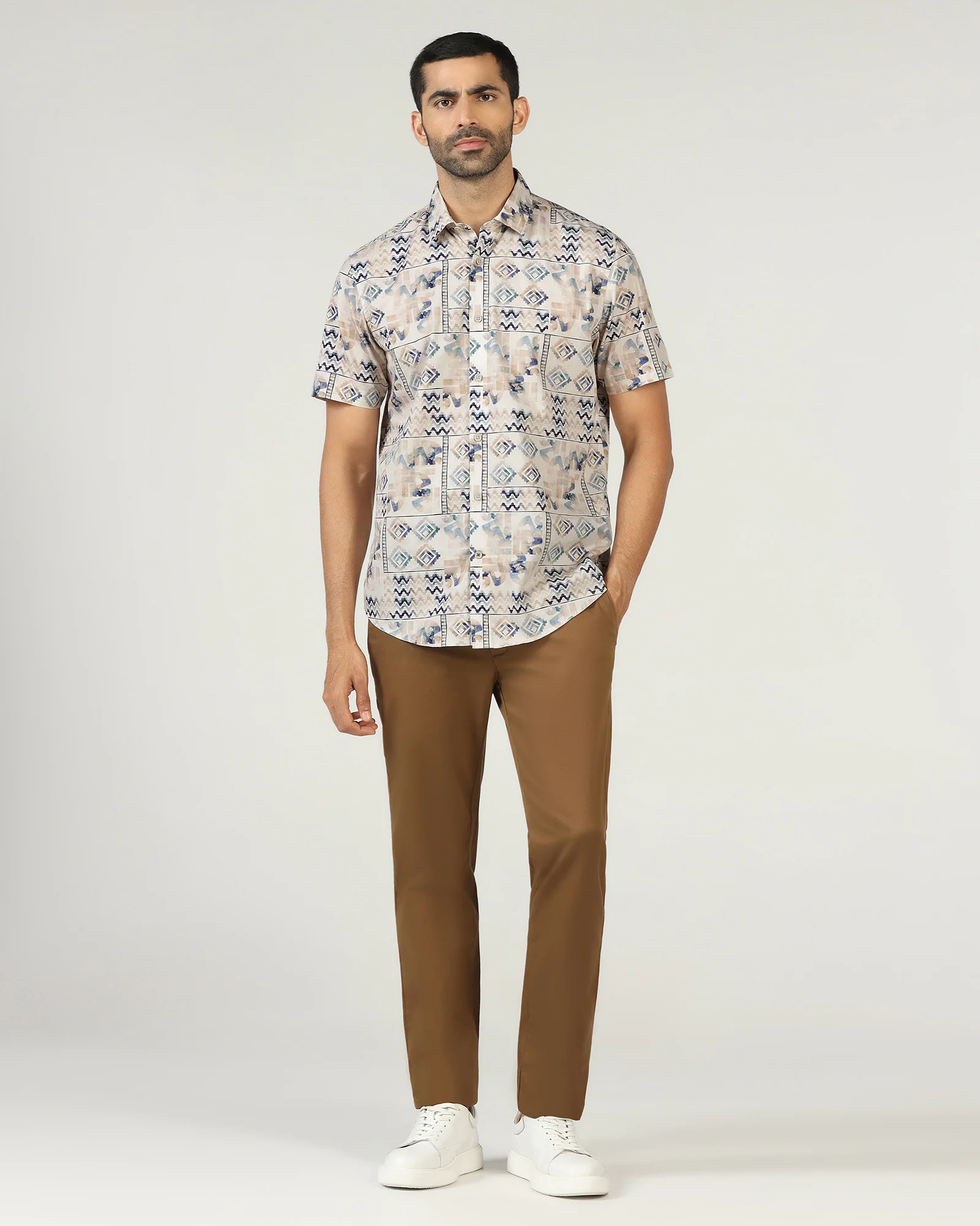 Beige Half Sleeve Printed Shirt - Ryne - Image 9