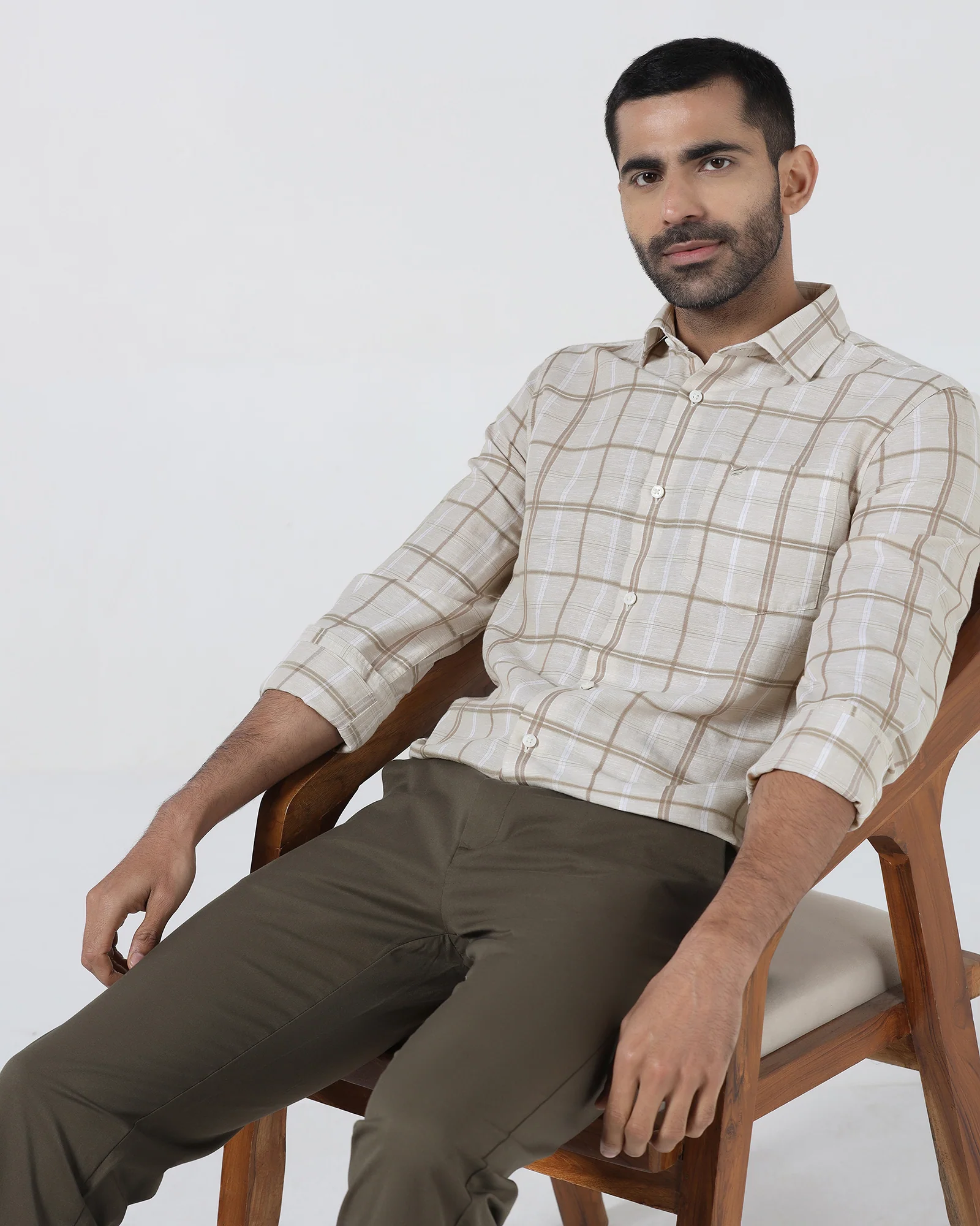 Beige Linen Check Shirt - Jomix - Image 7