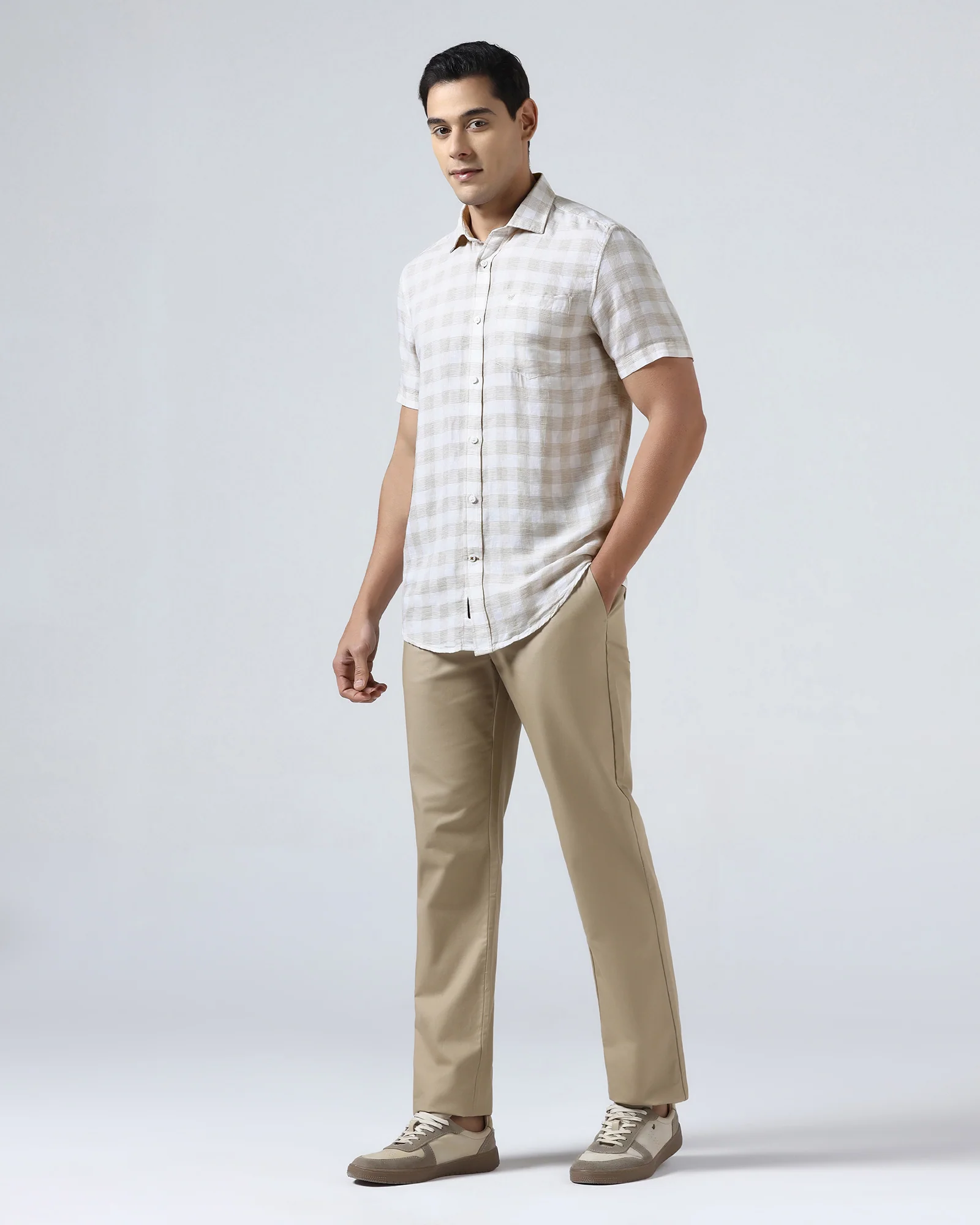 Beige Half Sleeve Linen Check Shirt - Yudi - Image 3