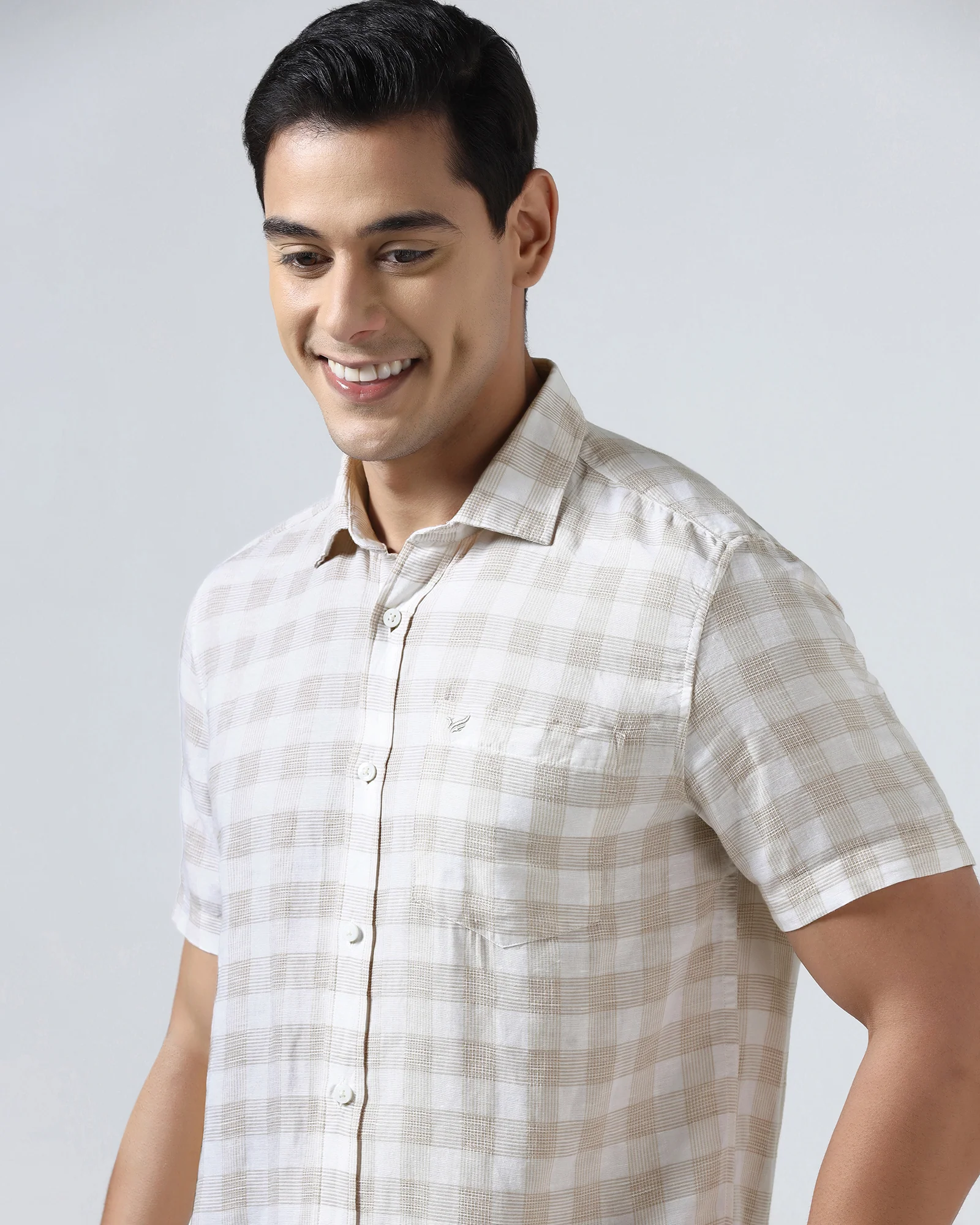 Beige Half Sleeve Linen Check Shirt - Yudi - Image 4