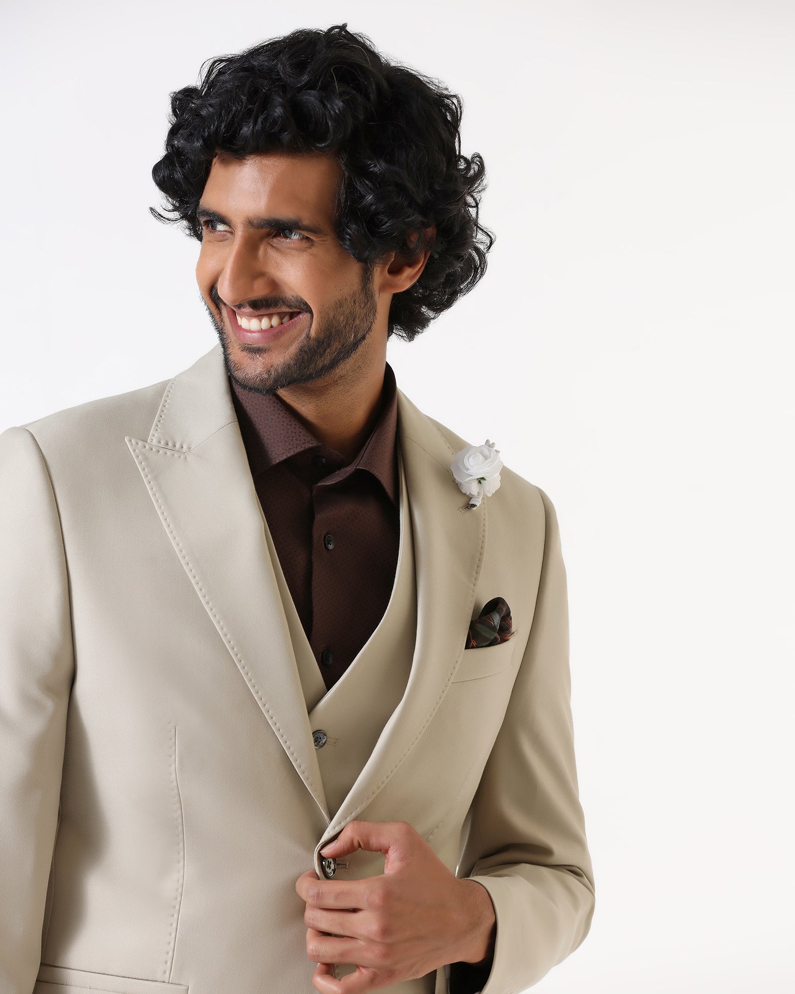 Beige Three Piece Solid Suit - Flint - Image 9