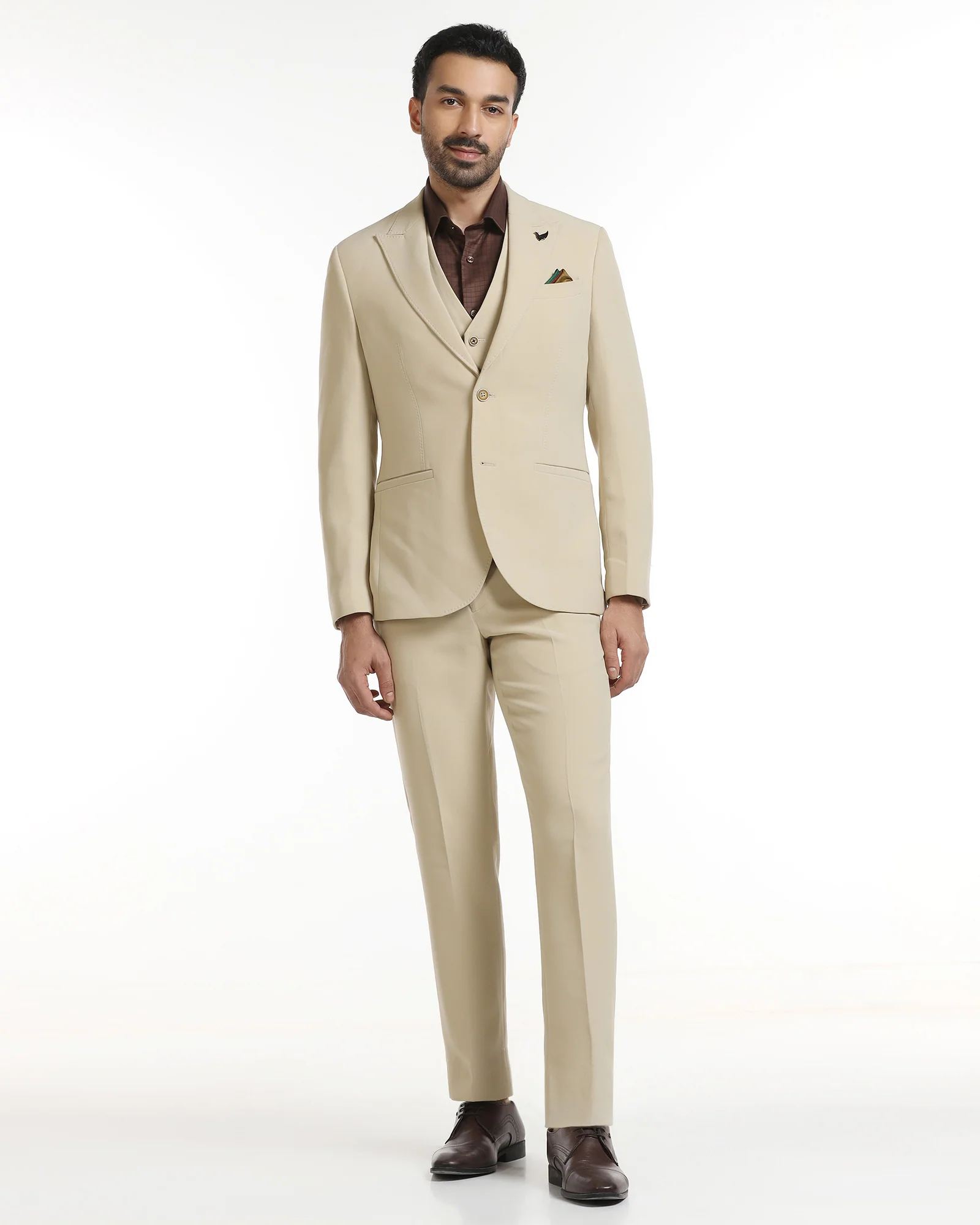 Beige Three Piece Solid Suit - Kover - Image 9