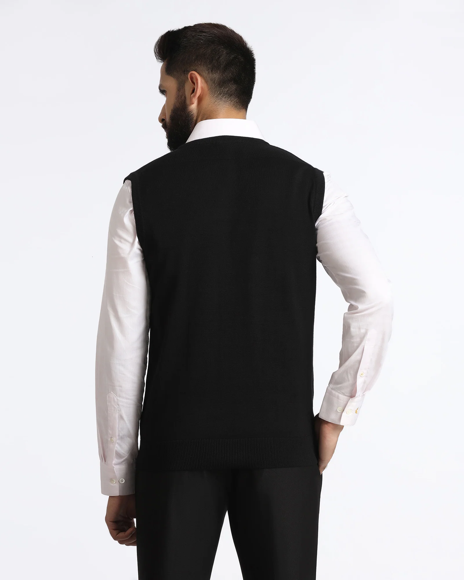 Black V-Neck Solid Sweater - Less - Image 2