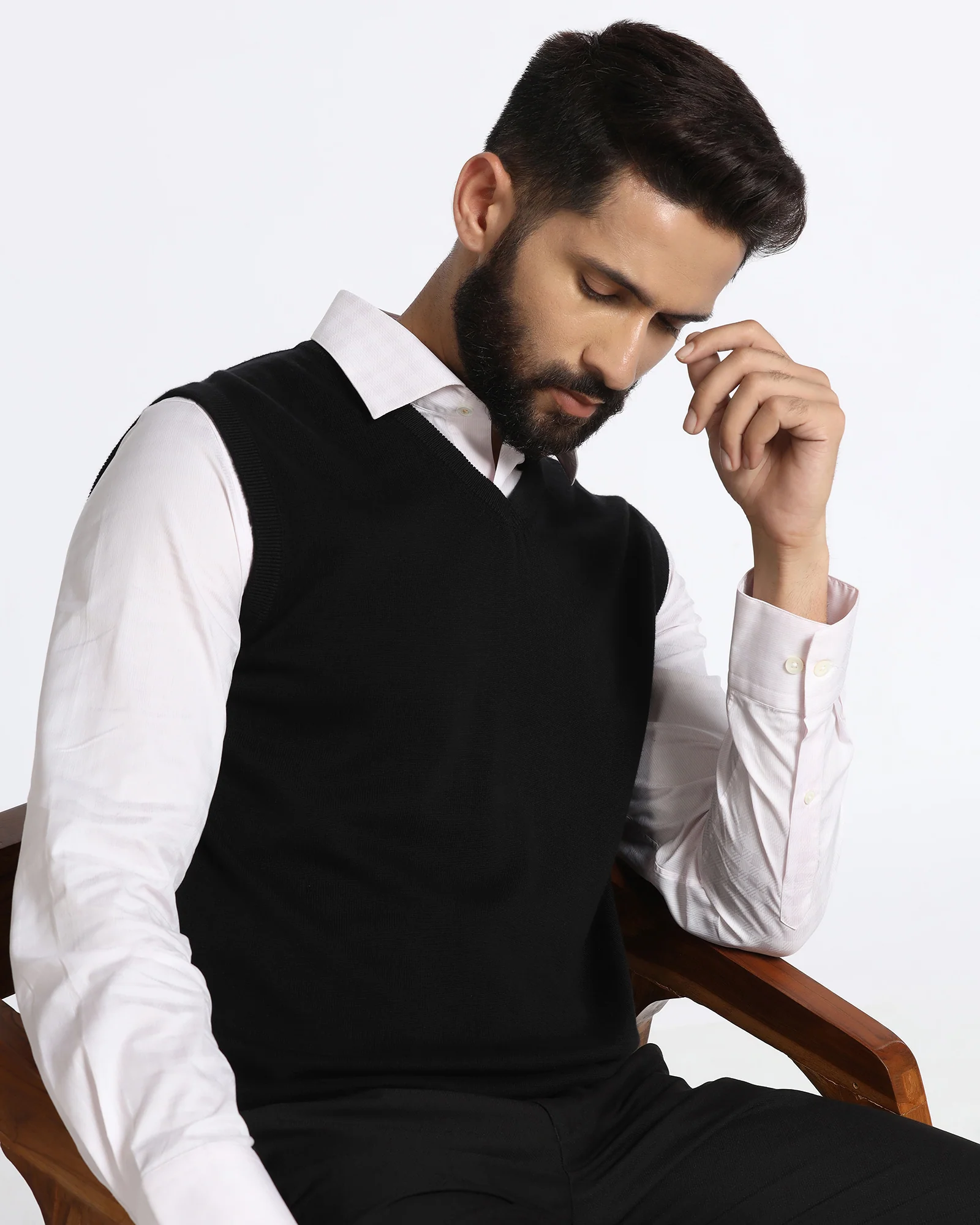Black V-Neck Solid Sweater - Less - Image 7