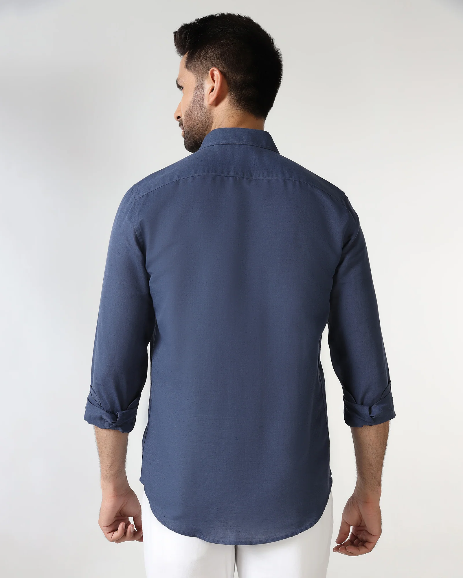 Blue Linen Solid Shirt - Salmon - Image 2