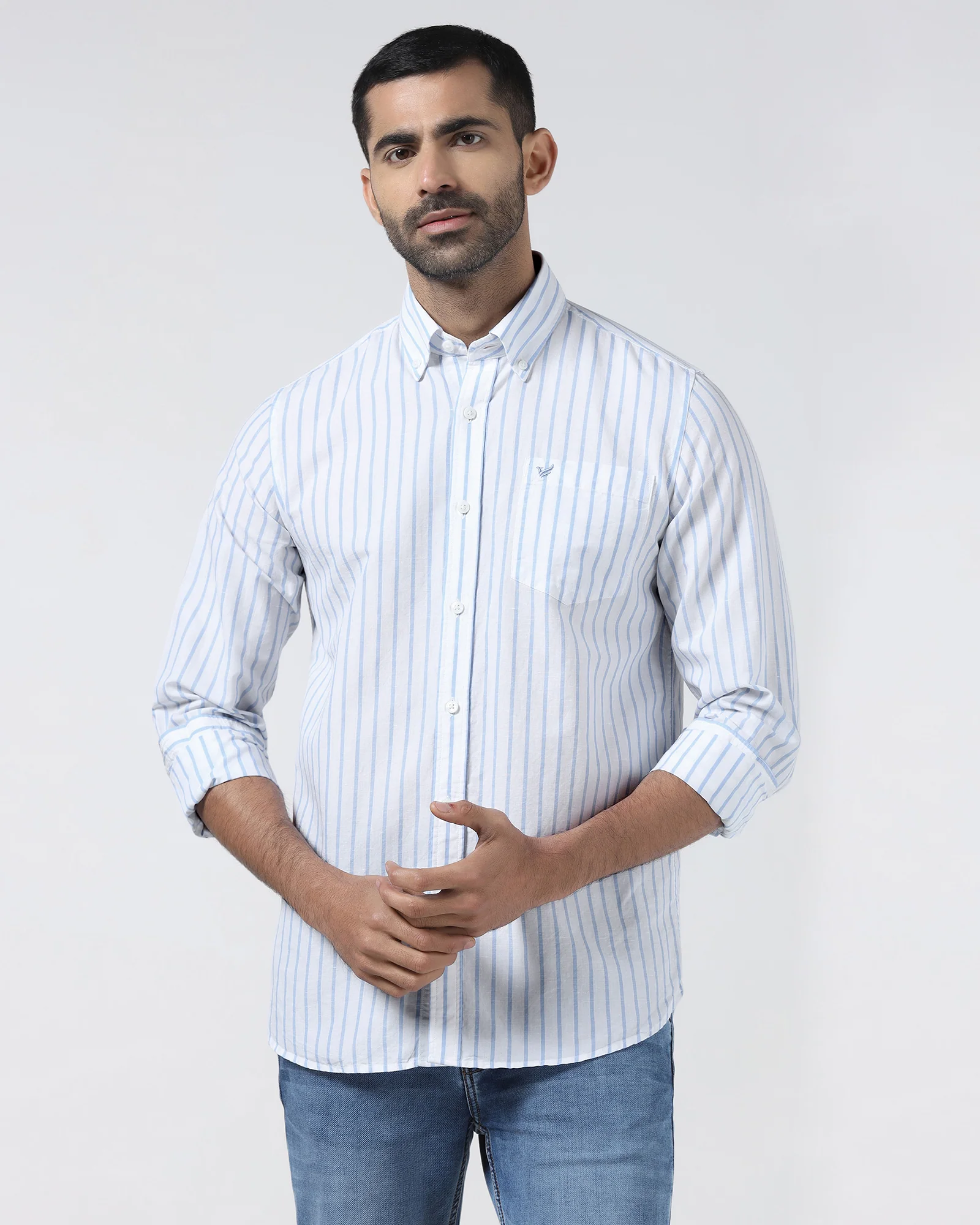 Blue Linen Stripe Shirt - Marzel - Image 8