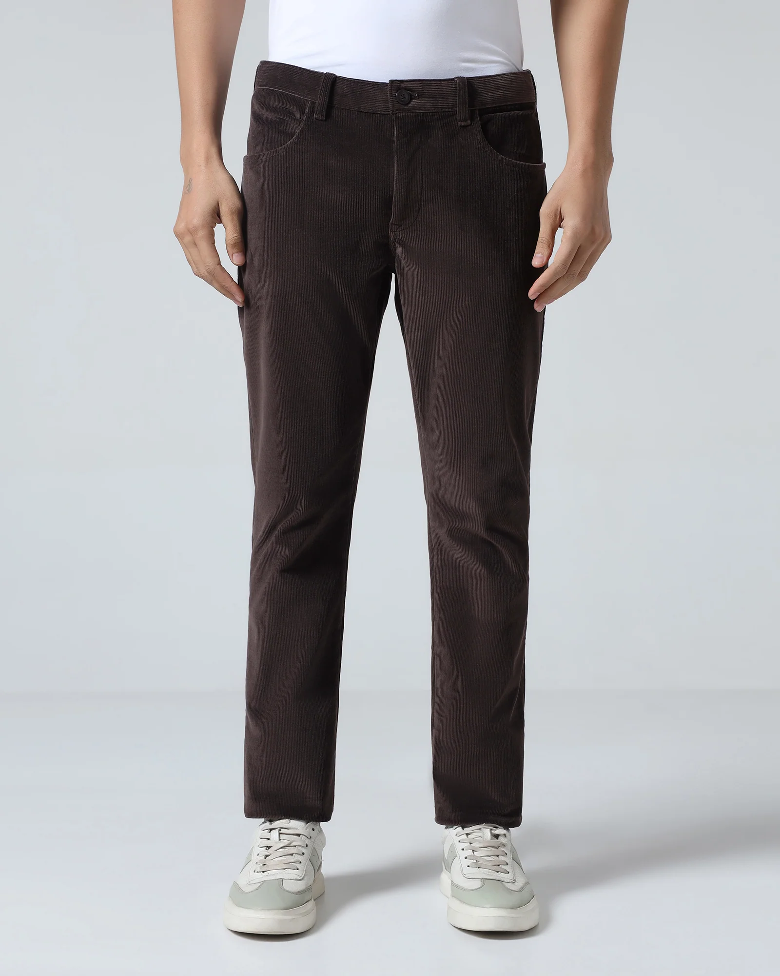 Brown Corduroy Solid Khakis - Magne - Image 3