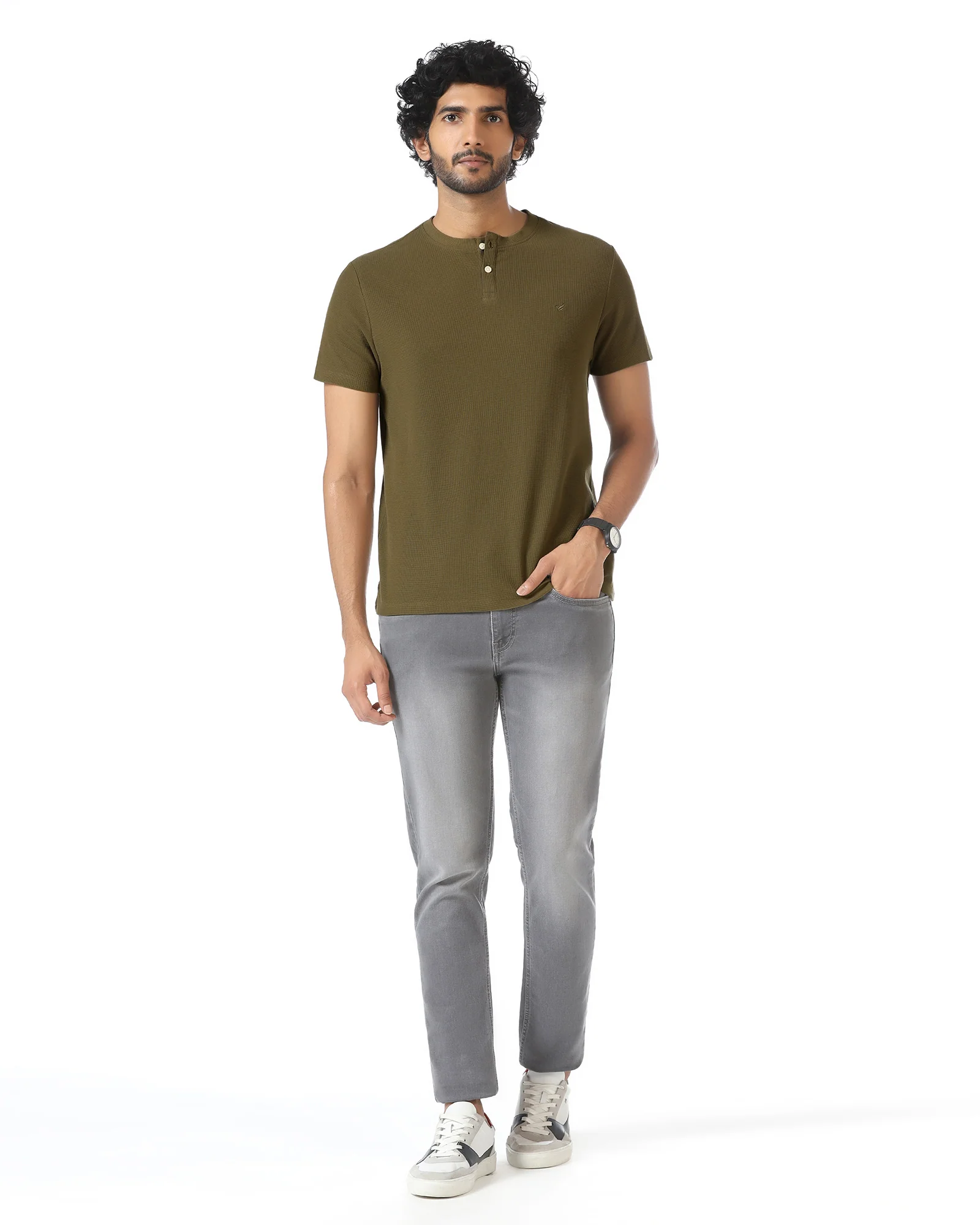 Brown Henley Collar Textured T-Shirt - Hann - Image 3