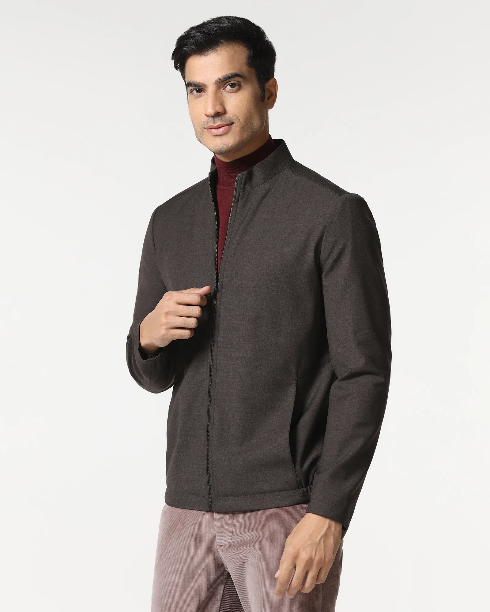Brown Solid Zipper Jacket - Zeno - Image 7