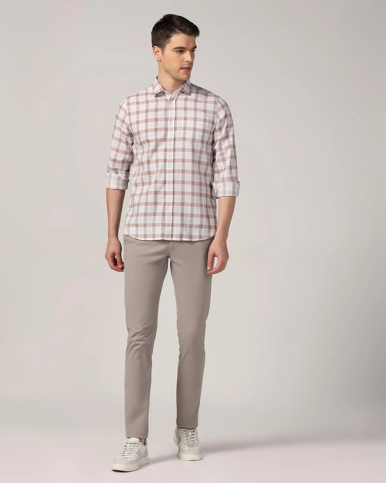Casual Beige Check Shirt - Autumn - Image 3
