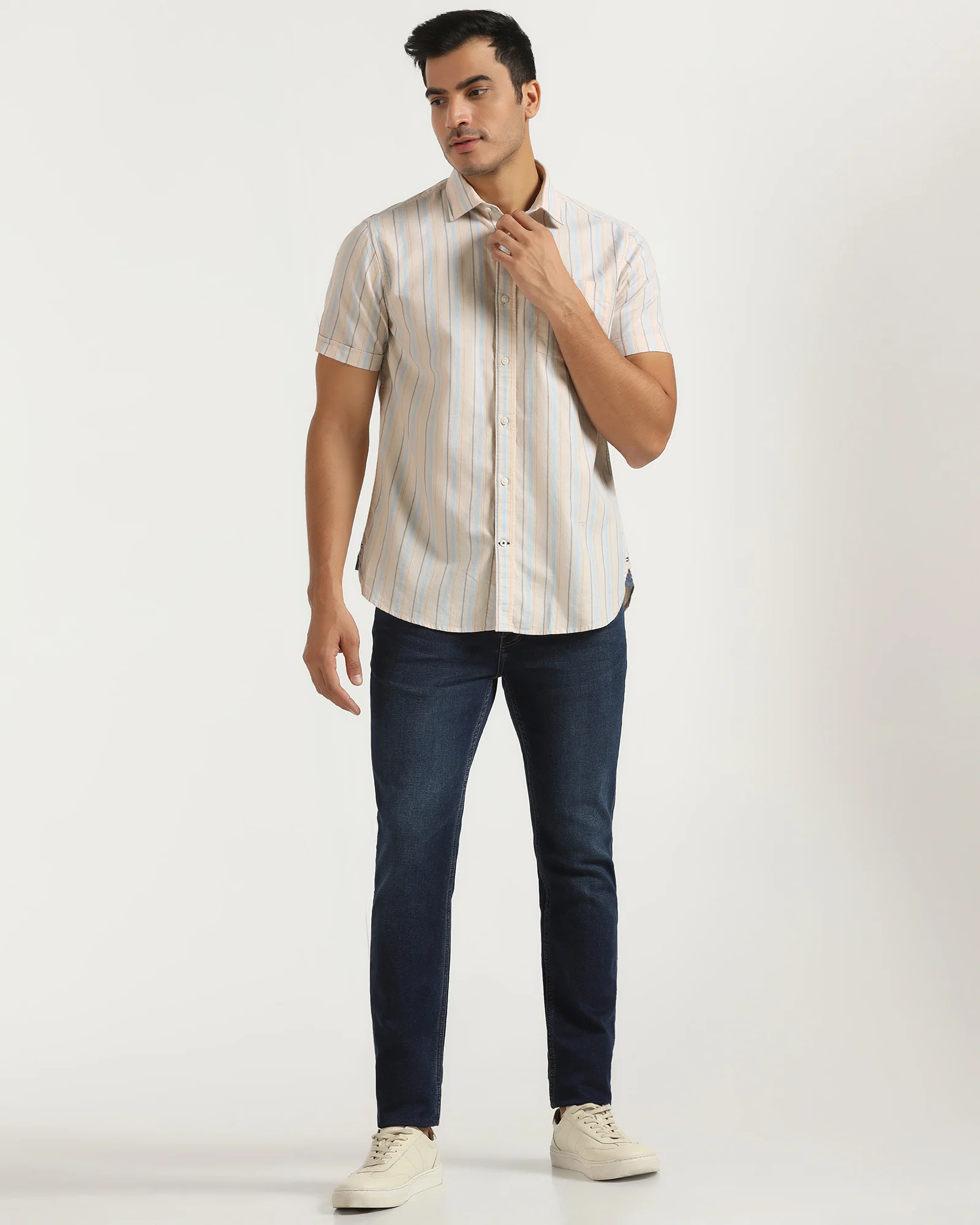 Casual Half Sleeve Beige Stripe Shirt - masami - Image 3