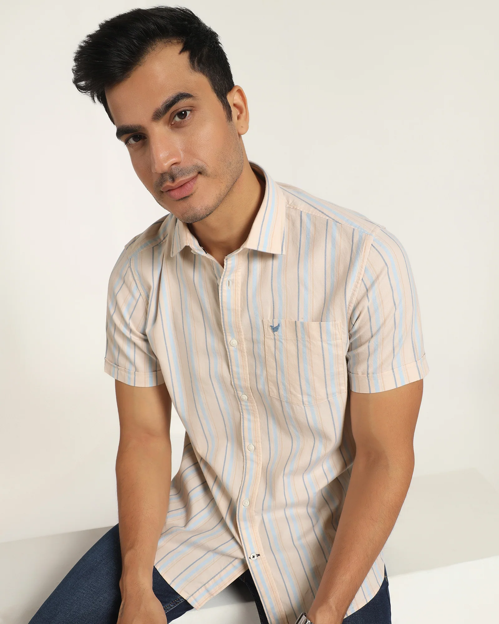 Casual Half Sleeve Beige Stripe Shirt - masami - Image 7