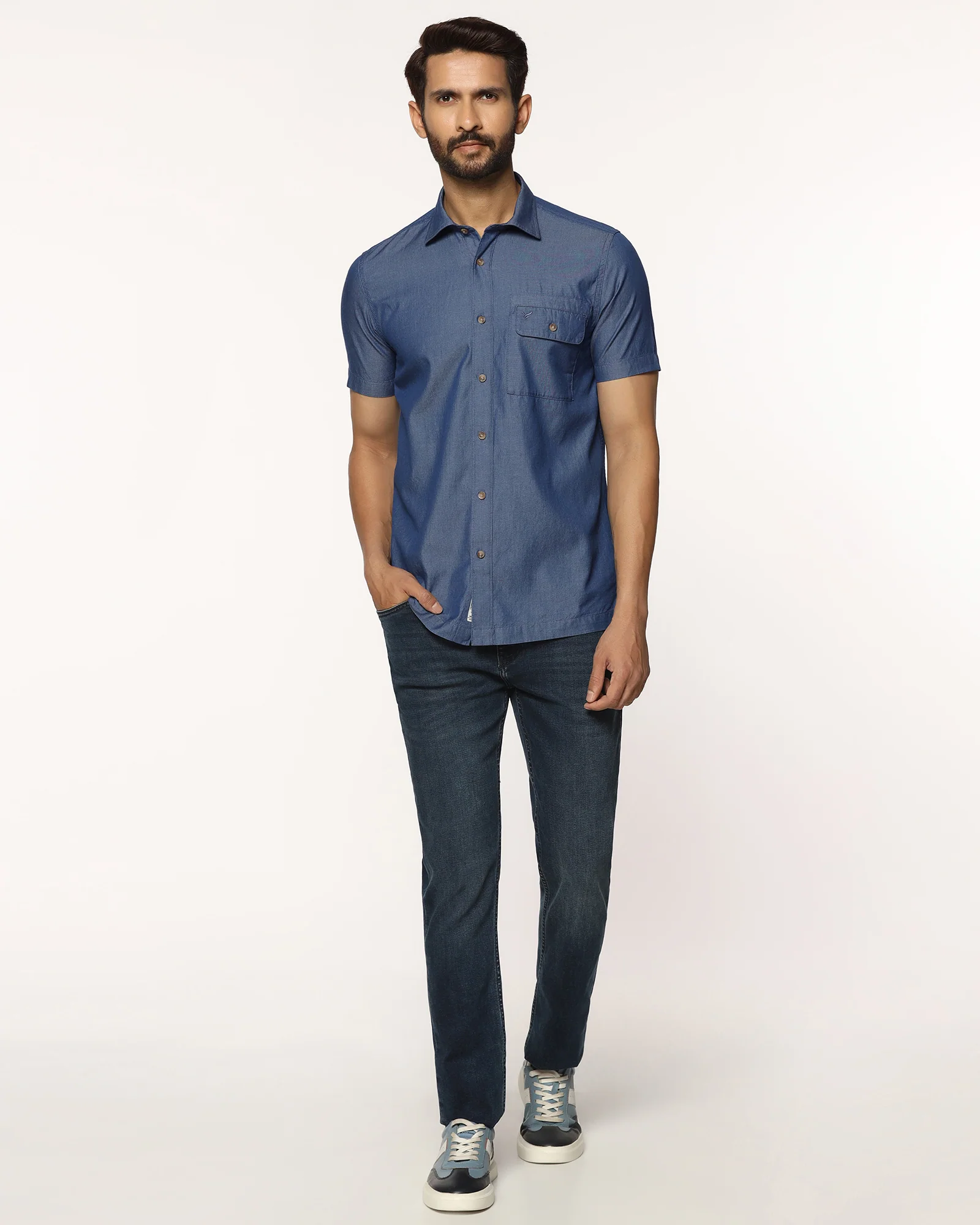 Casual Half Sleeve Indigo Solid Shirt - Mylo - Image 3