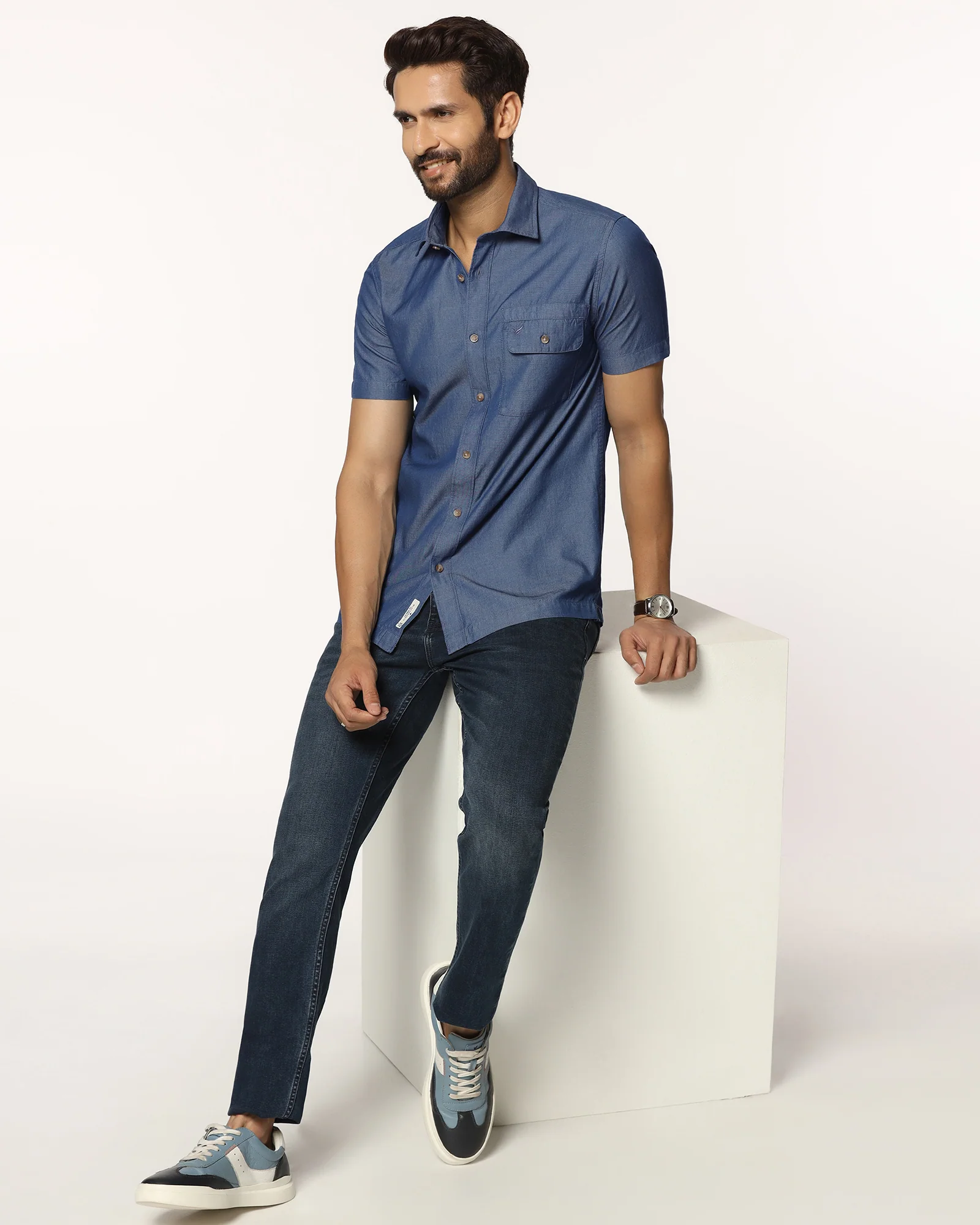 Casual Half Sleeve Indigo Solid Shirt - Mylo - Image 7