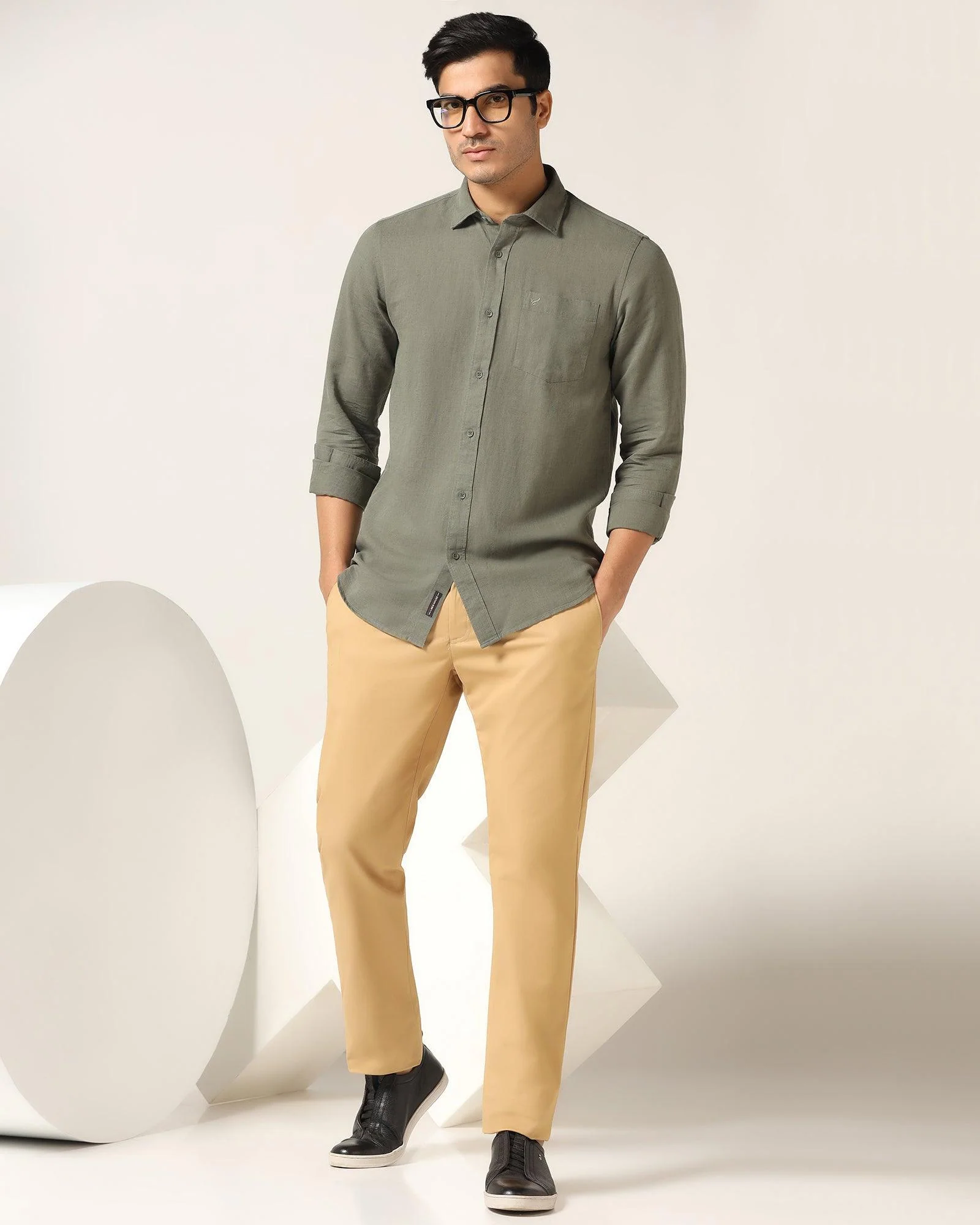 Linen Casual Olive Solid Shirt - Salmon - Image 6