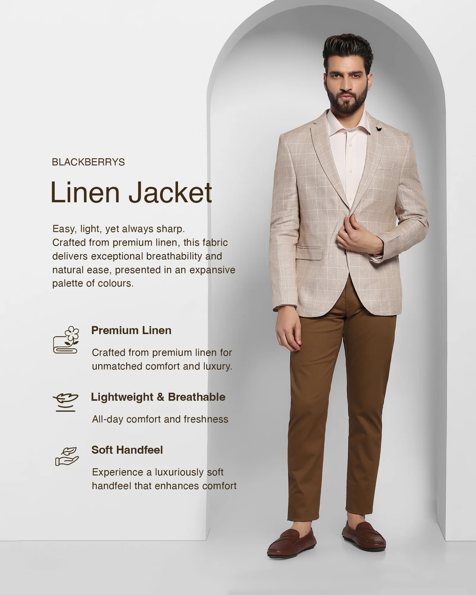 Linen Casual Mid Brown Check Blazer - Scout - Image 3