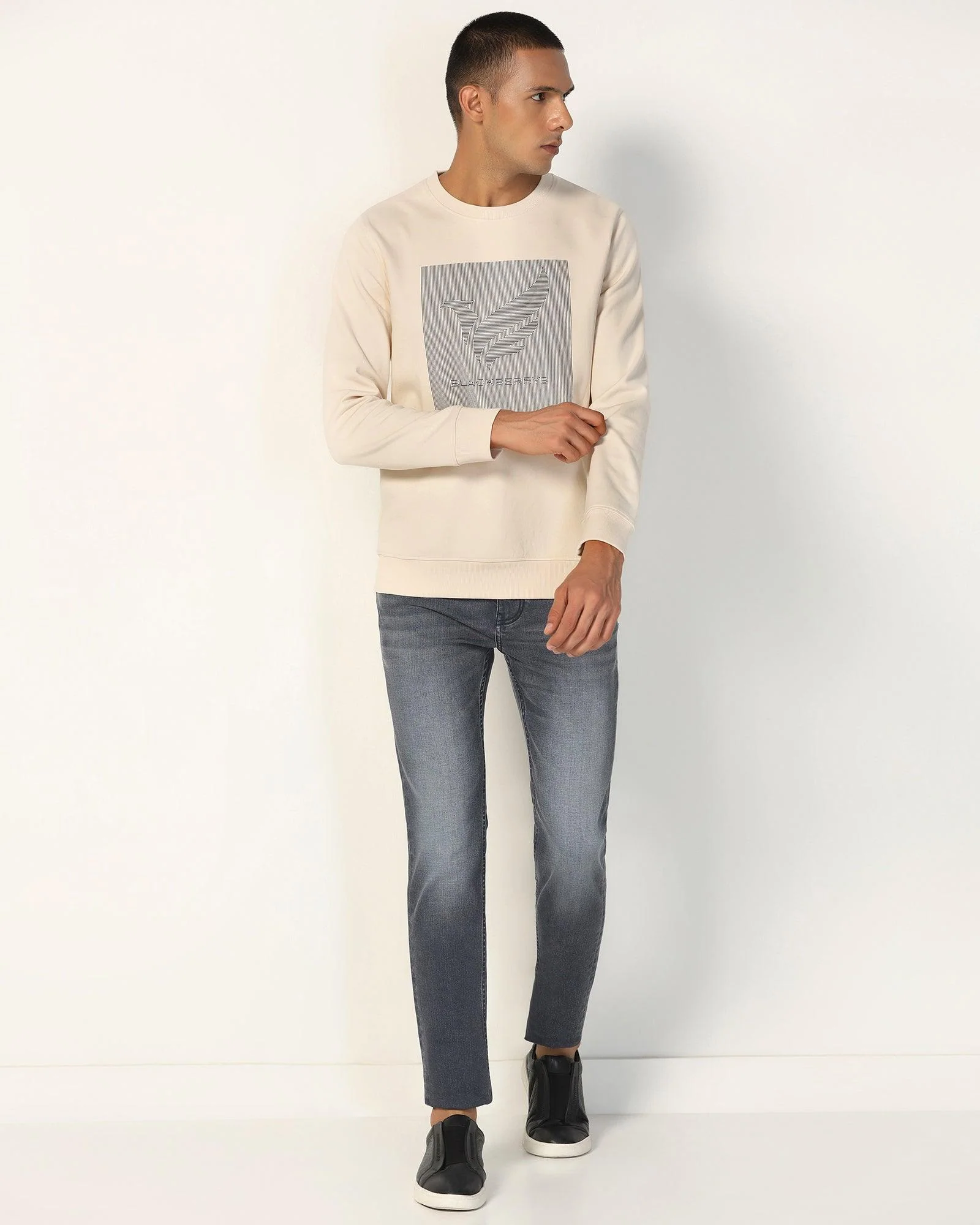 Crew Neck Beige Solid Sweatshirt - Stroke - Image 3