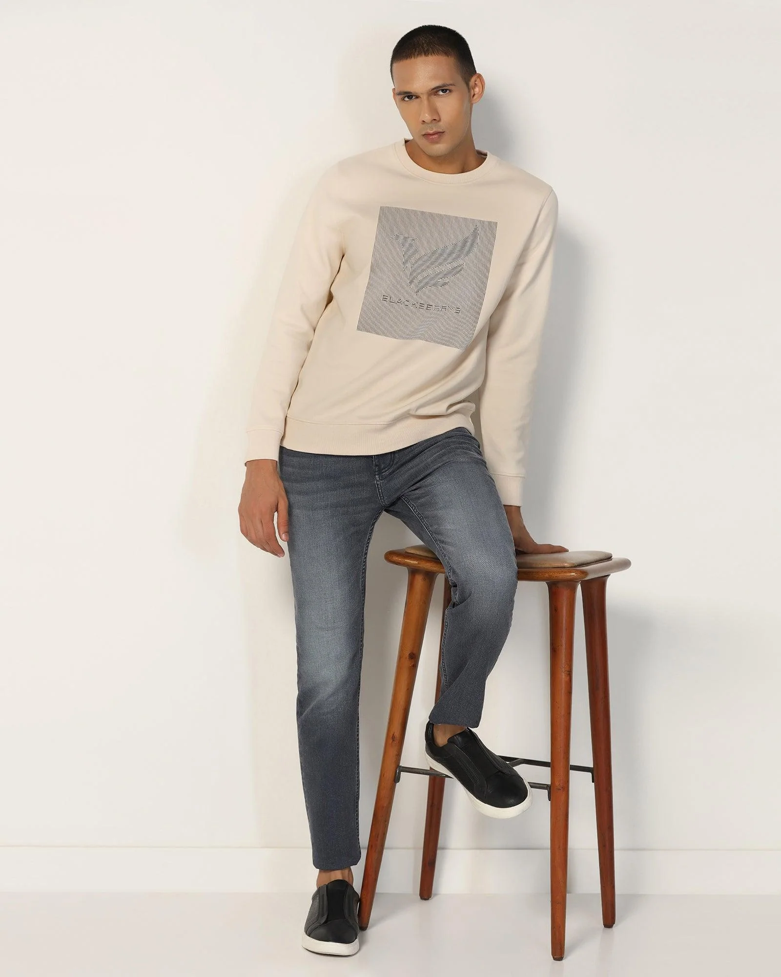 Crew Neck Beige Solid Sweatshirt - Stroke - Image 4