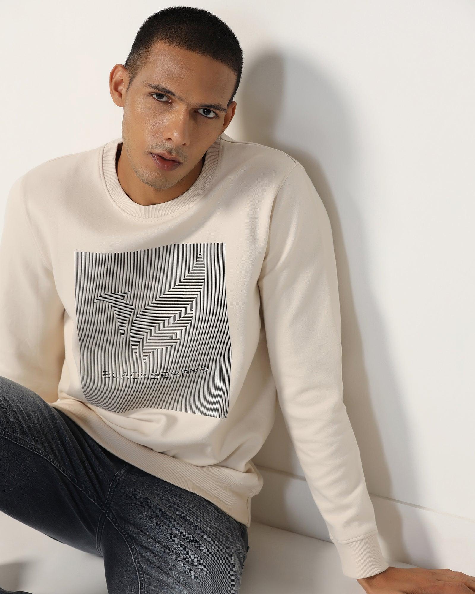 Crew Neck Beige Solid Sweatshirt - Stroke - Image 5