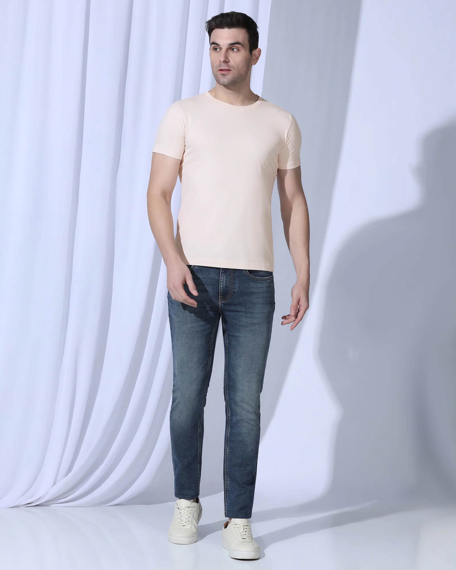 Crew Neck Pink Textured T-Shirt - Corn - Image 3