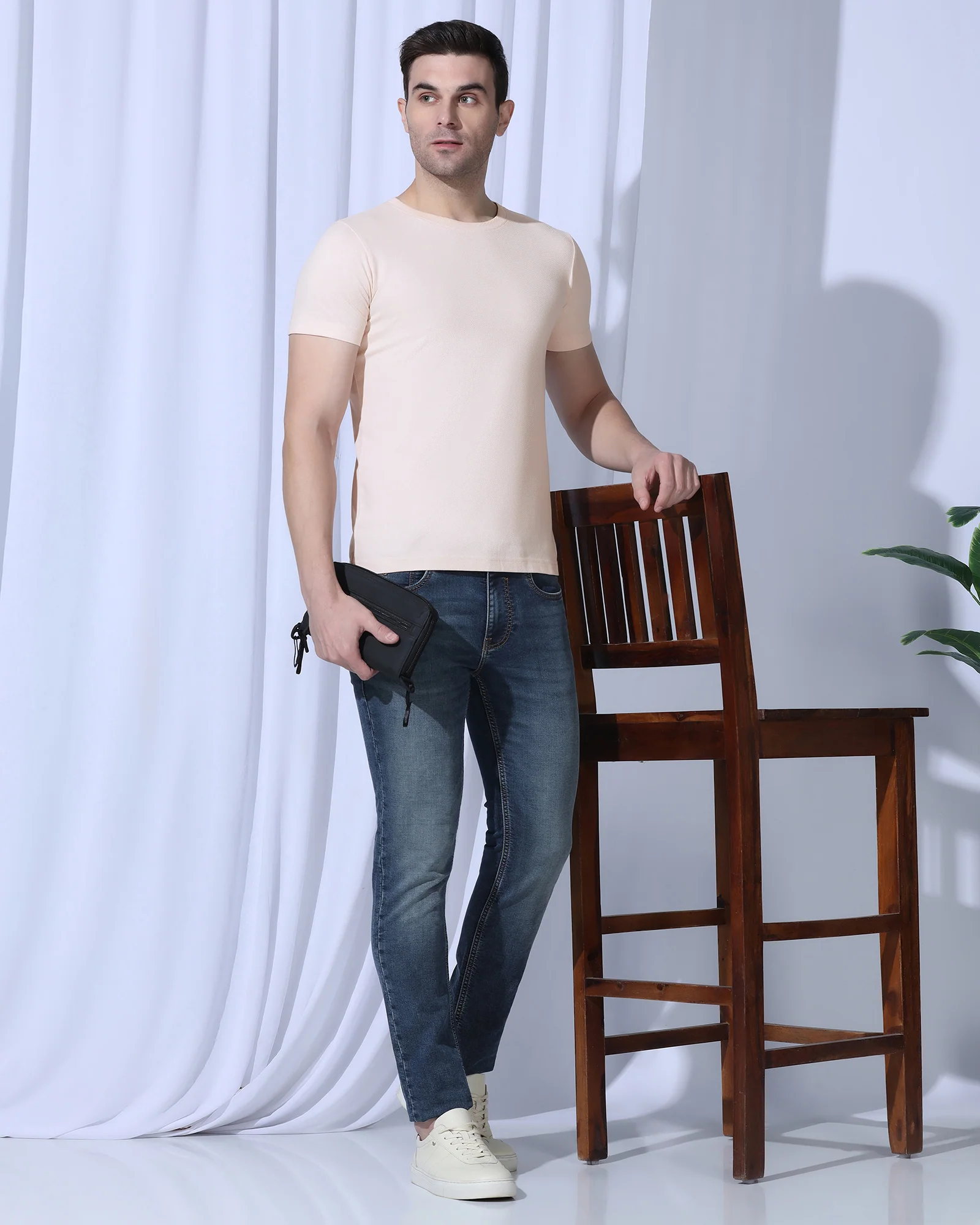 Crew Neck Pink Textured T-Shirt - Corn - Image 7