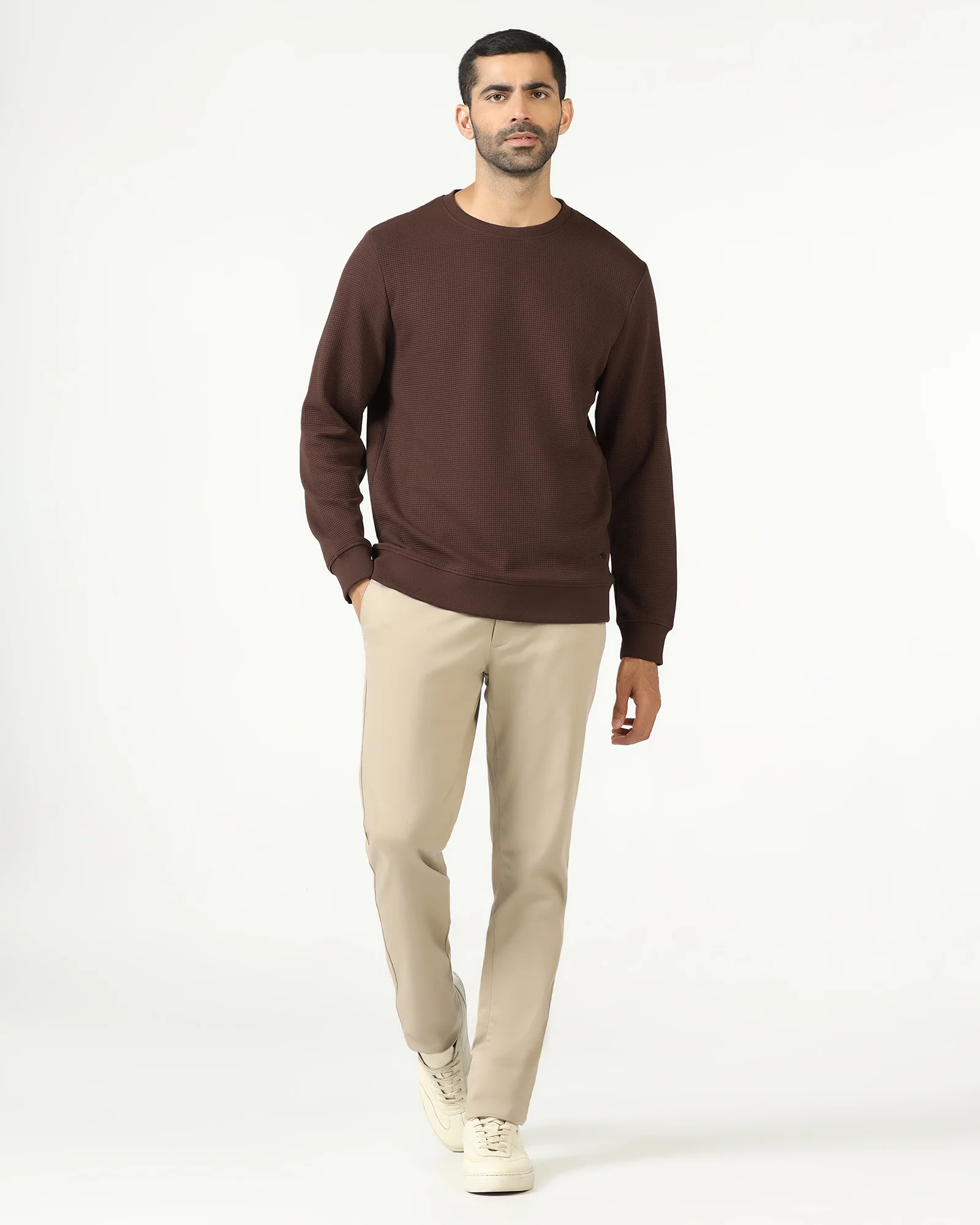 Dark Brown Crew Neck Textured Sweatshirt - Pan - Image 5