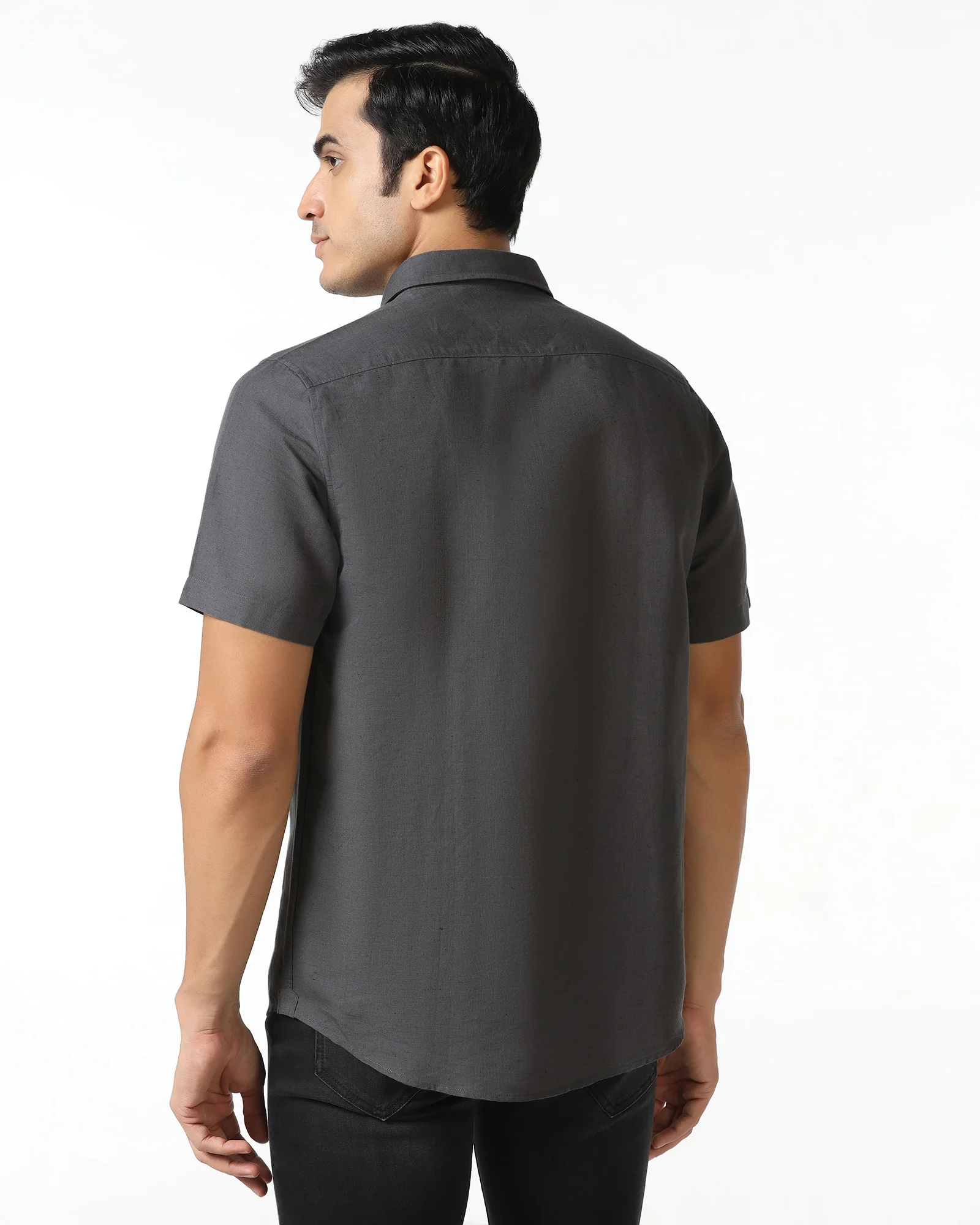 Dark Grey Half Sleeve Linen Solid Shirt - Salmon - Image 2