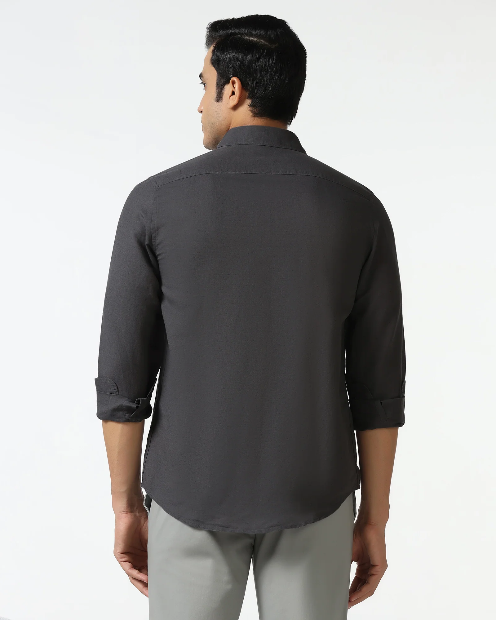 Dark Grey Linen Solid Shirt - Salmon - Image 2