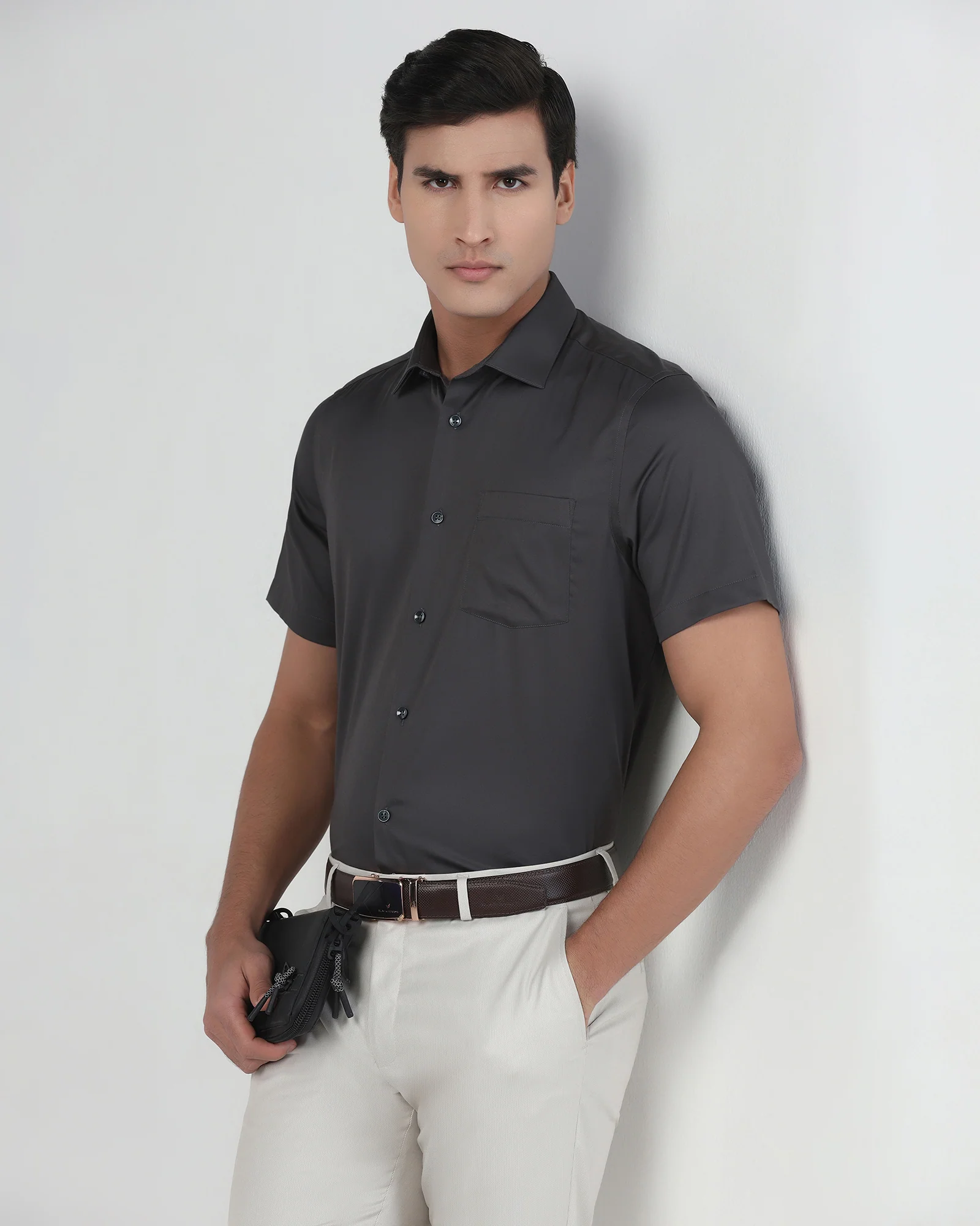 Dark Grey Half Sleeve Unwrinkle Solid Shirt - Sylvia - Image 7