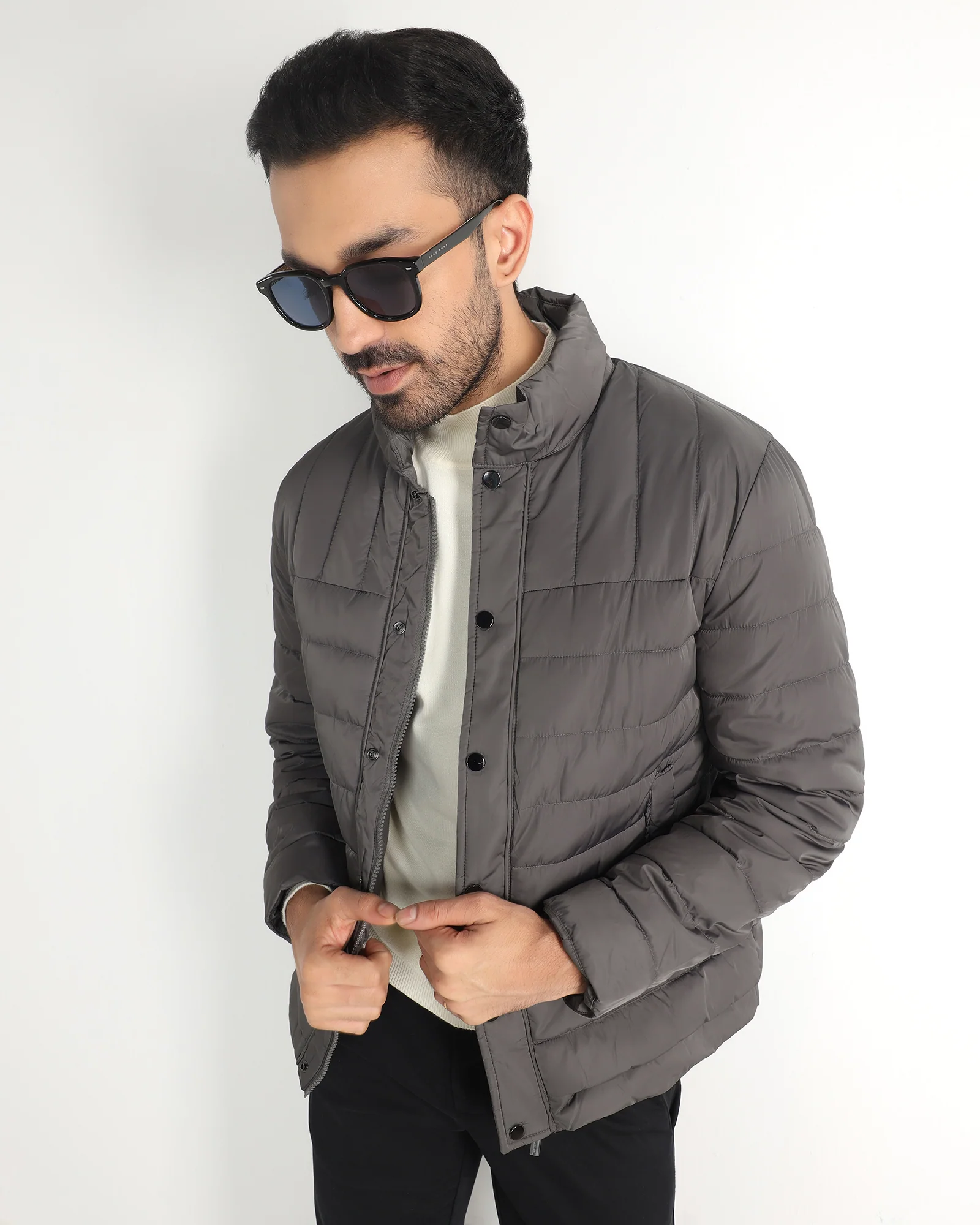Dark Grey Solid Zipper Jacket - Aproni - Image 6