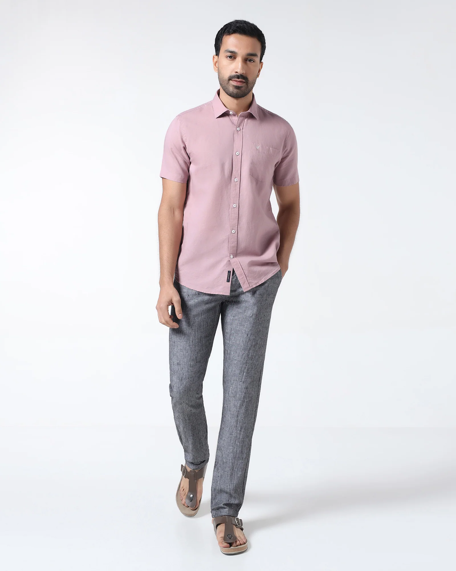 Dusty Pink Half Sleeve Linen Solid Shirt - Cleo - Image 3
