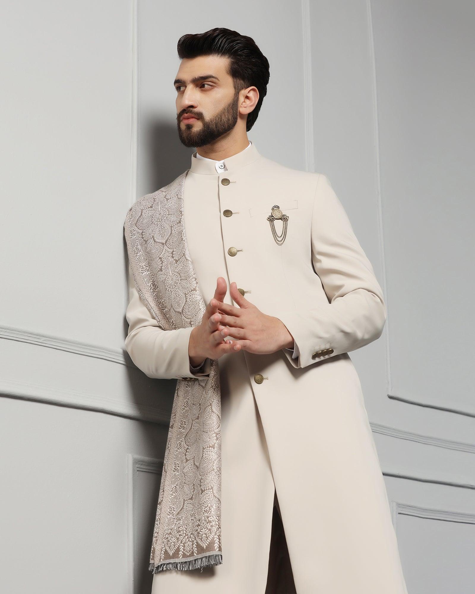 Beige Swarn Solid Achkan Set - Dagaris - Image 8