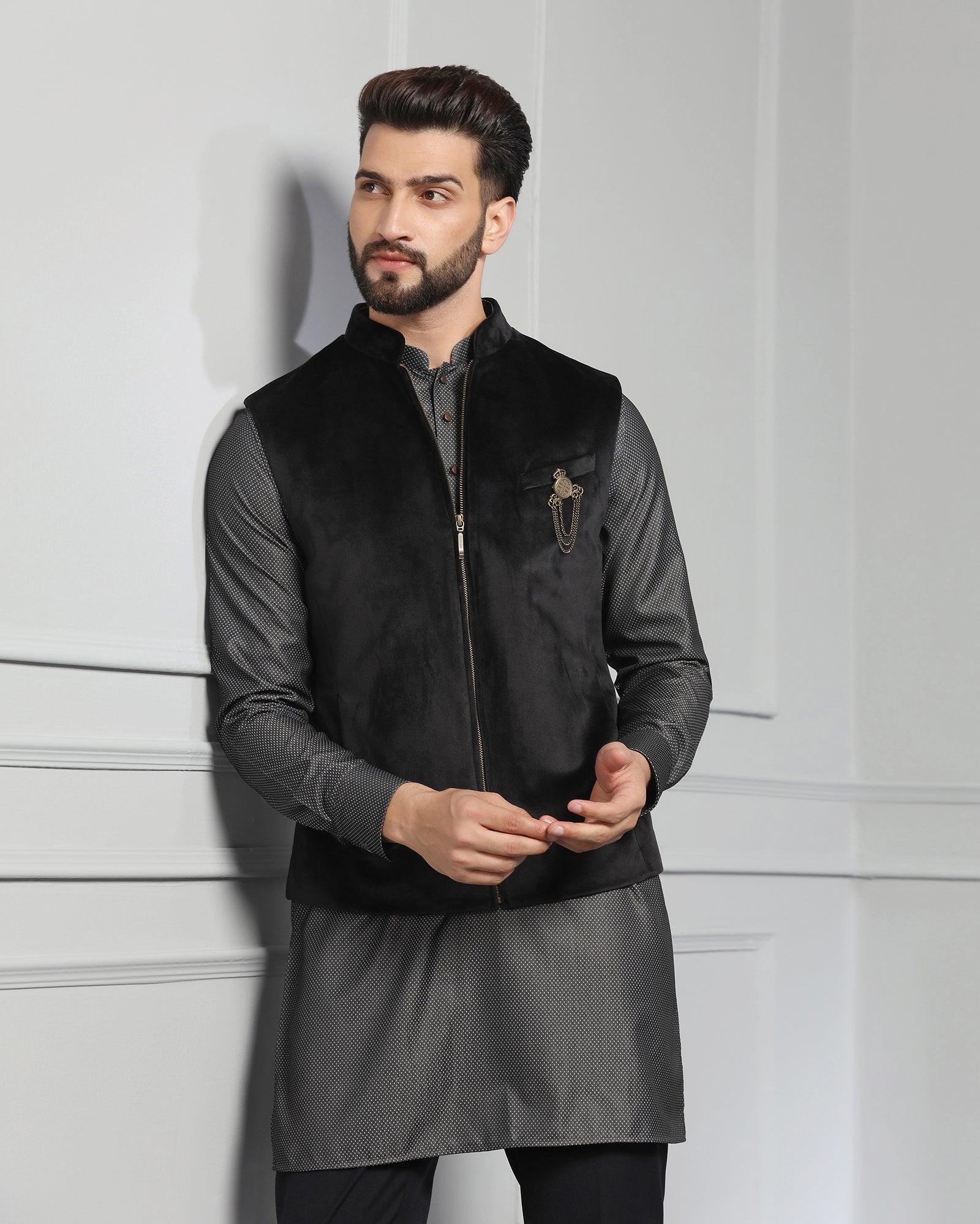 Black Swarn Solid Achkan Set - Sandrona - Image 8
