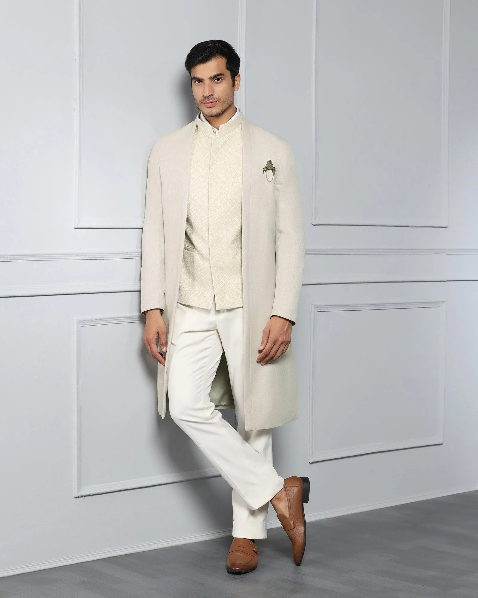 Beige Swarn Solid Achkan Set - Renera - Image 3