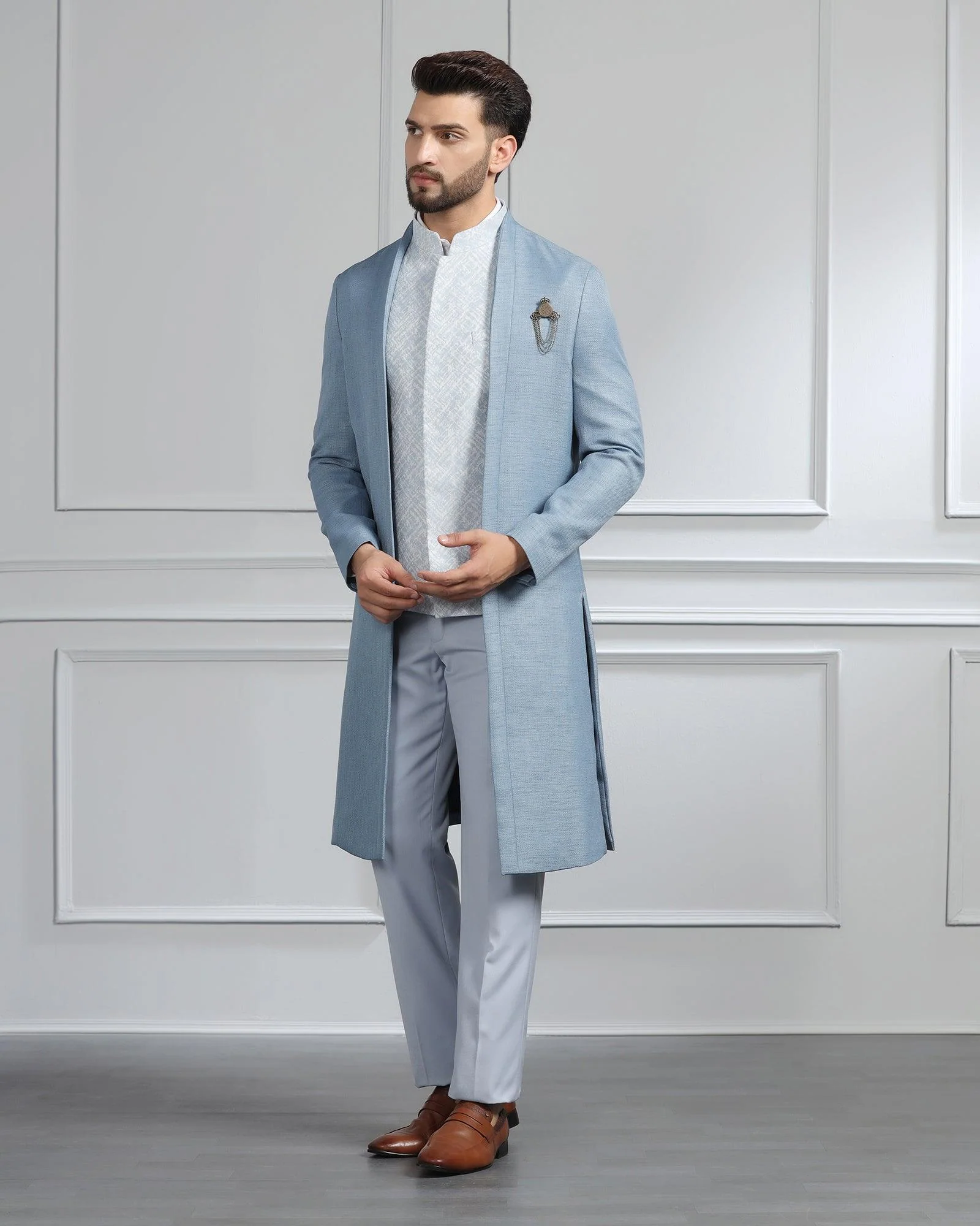 Blue Swarn Solid Achkan Set - Renera - Image 3