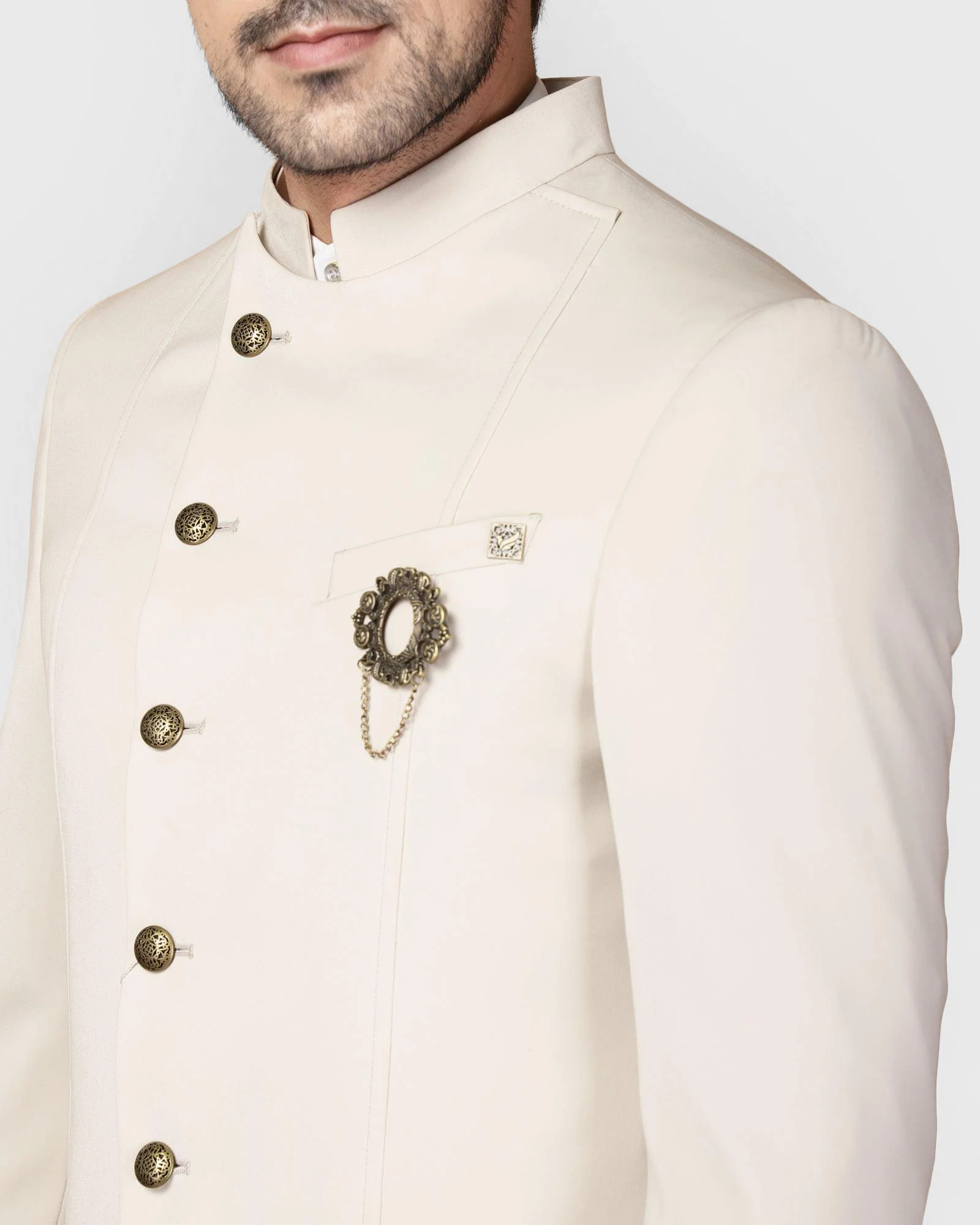 Beige Swarn Solid Achkan Set - Fretor - Image 5