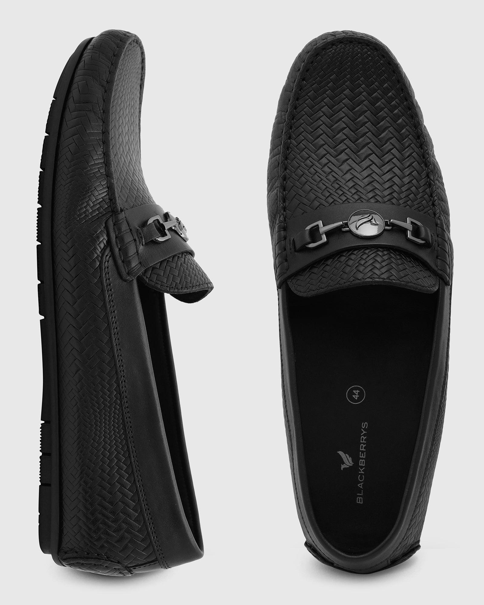 Leather Casual Black Textured Loafers Shoes - Thread - Image 4