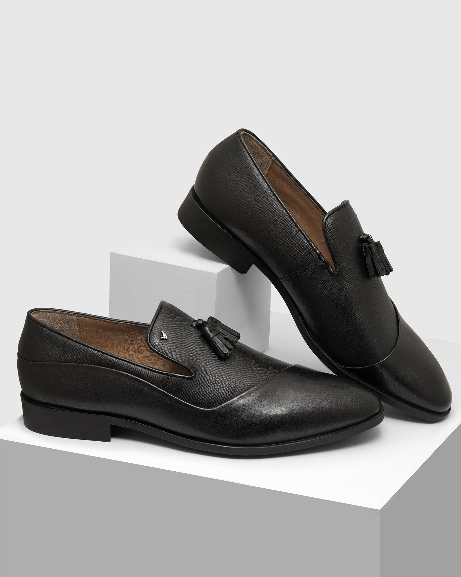 Leather Jet Black Solid Slip On Shoes - Theon - Image 3