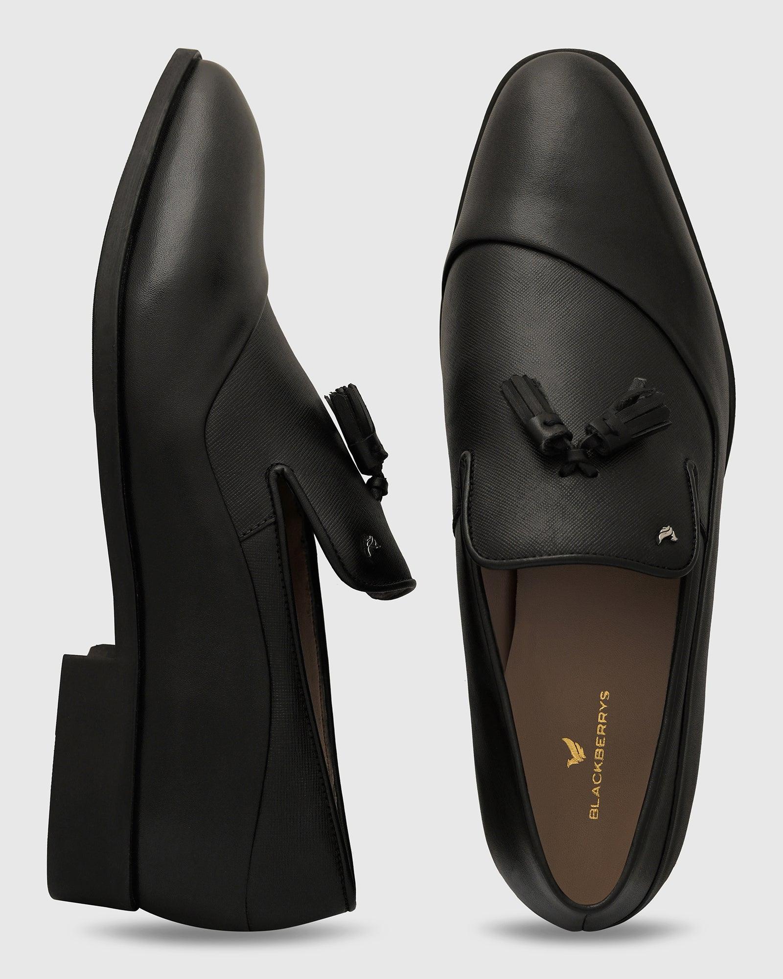 Leather Jet Black Solid Slip On Shoes - Theon - Image 4