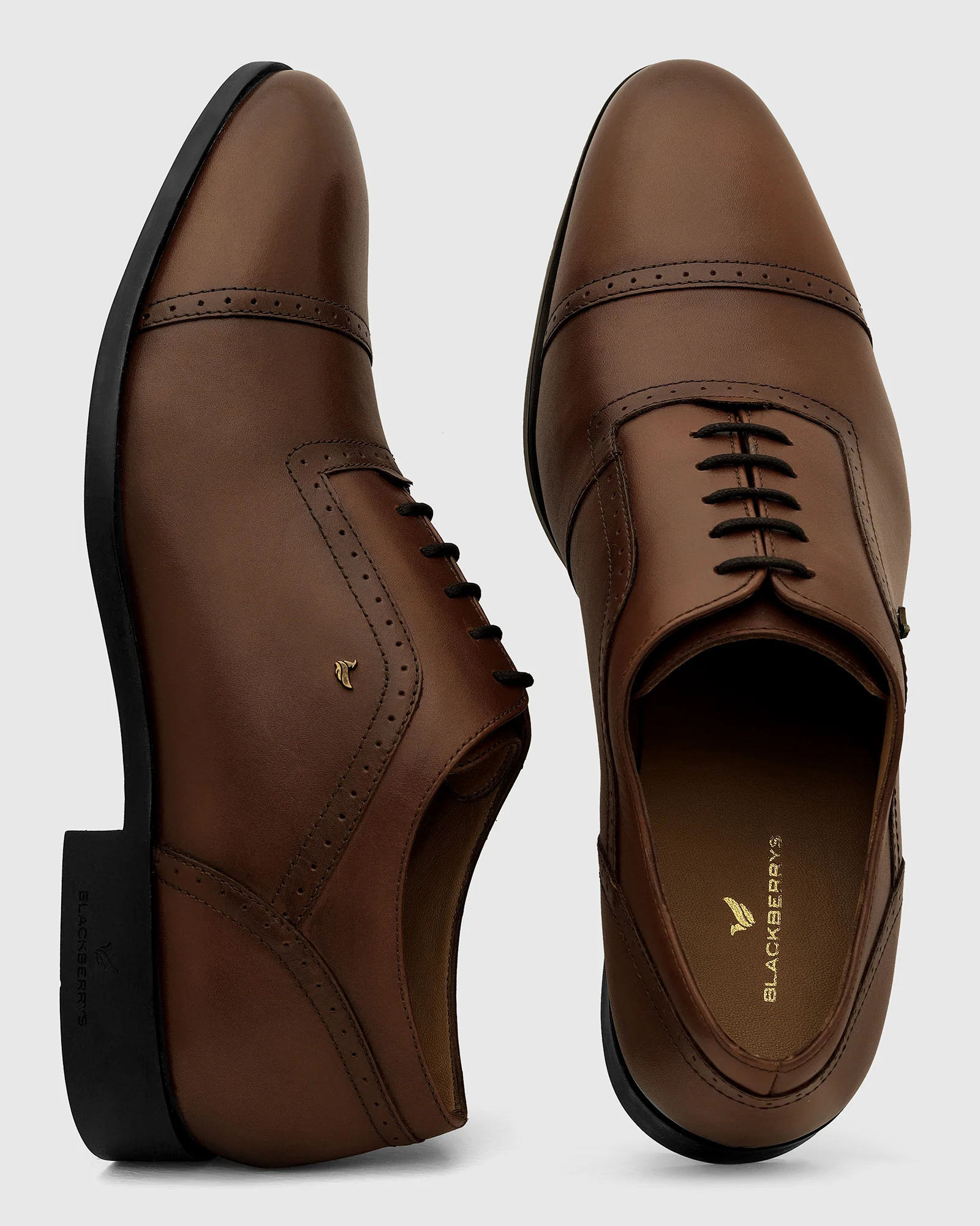 Leather Tan Solid Oxford Shoes - Venus - Image 4