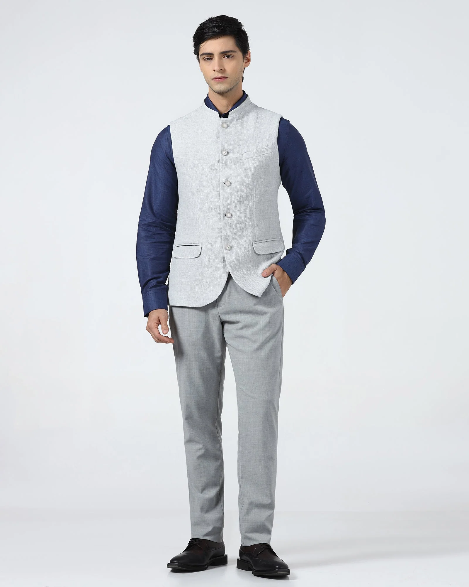 Light Grey Bandhgala Textured Waistcoat - Cadens - Image 3