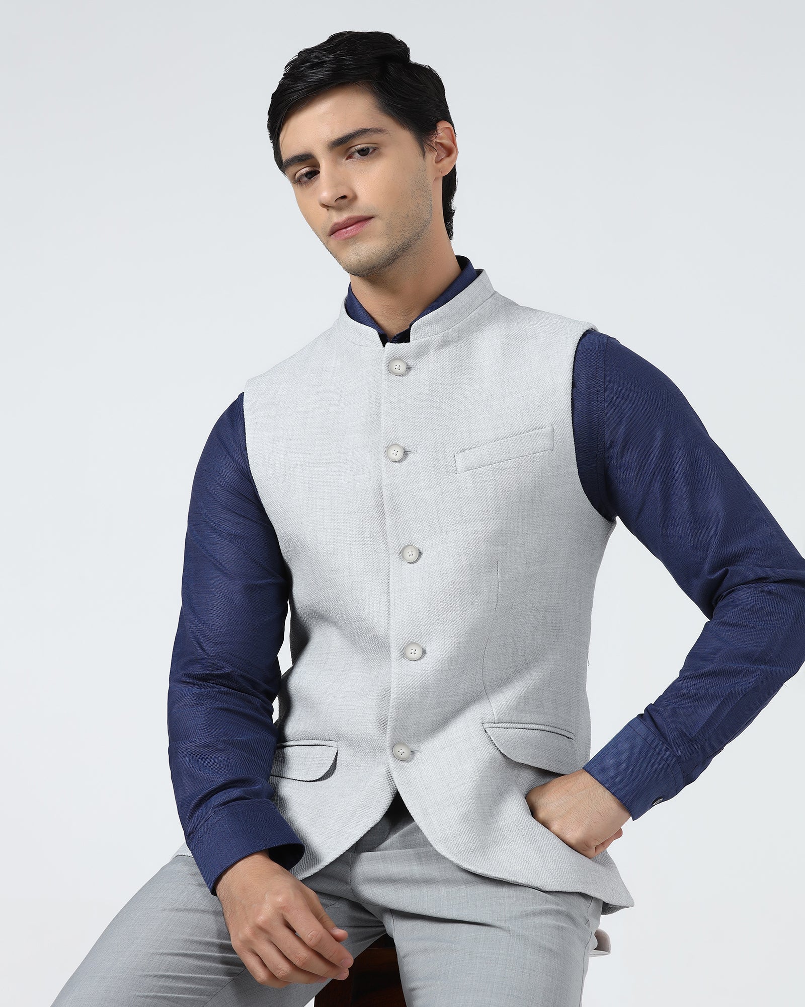 Light Grey Bandhgala Textured Waistcoat - Cadens - Image 5