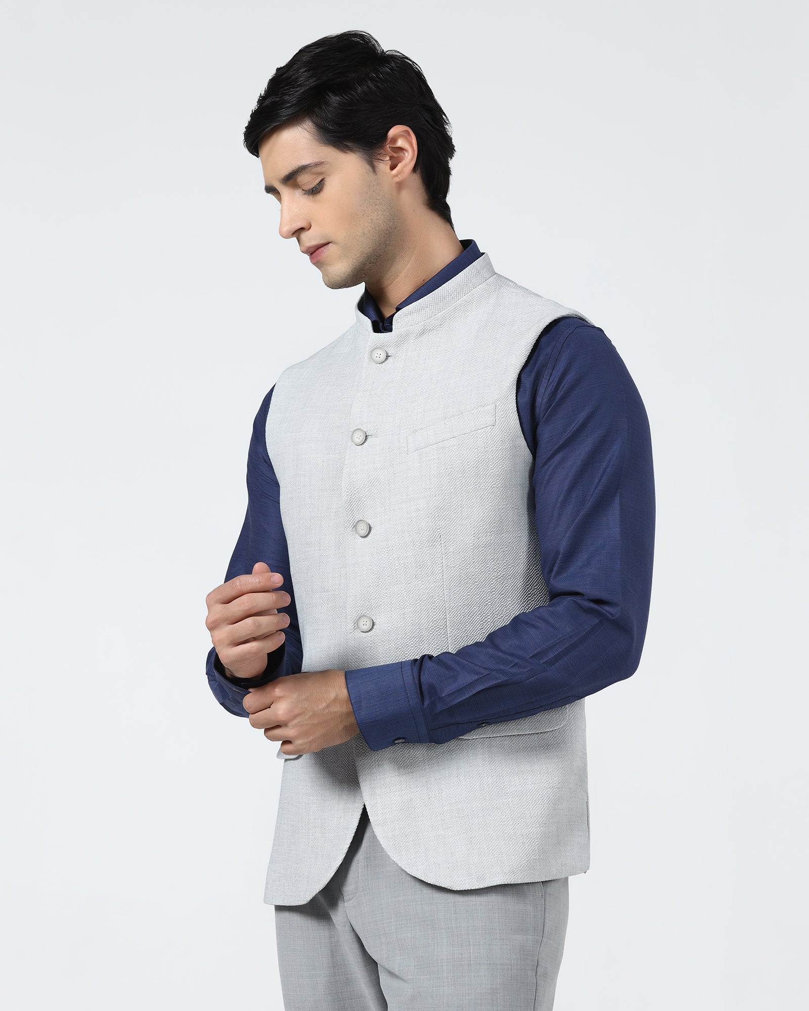 Light Grey Bandhgala Textured Waistcoat - Cadens - Image 6