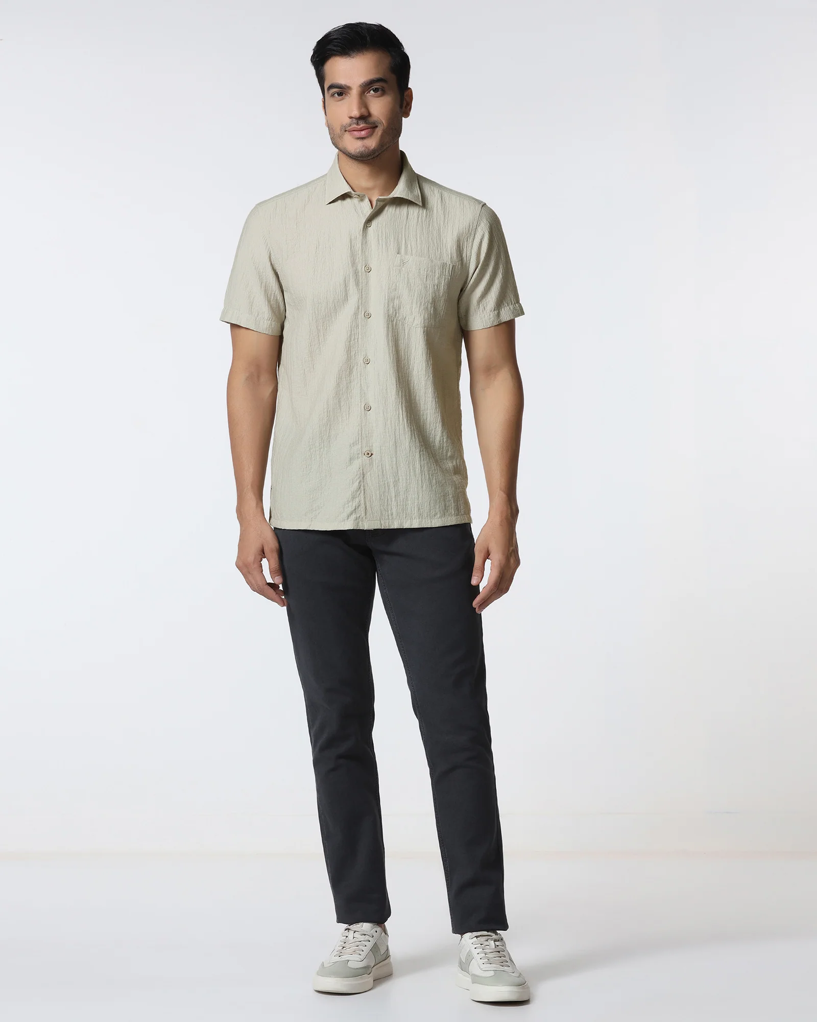 Light Grey Half Sleeve Textured Shirt - Cremon - Image 3