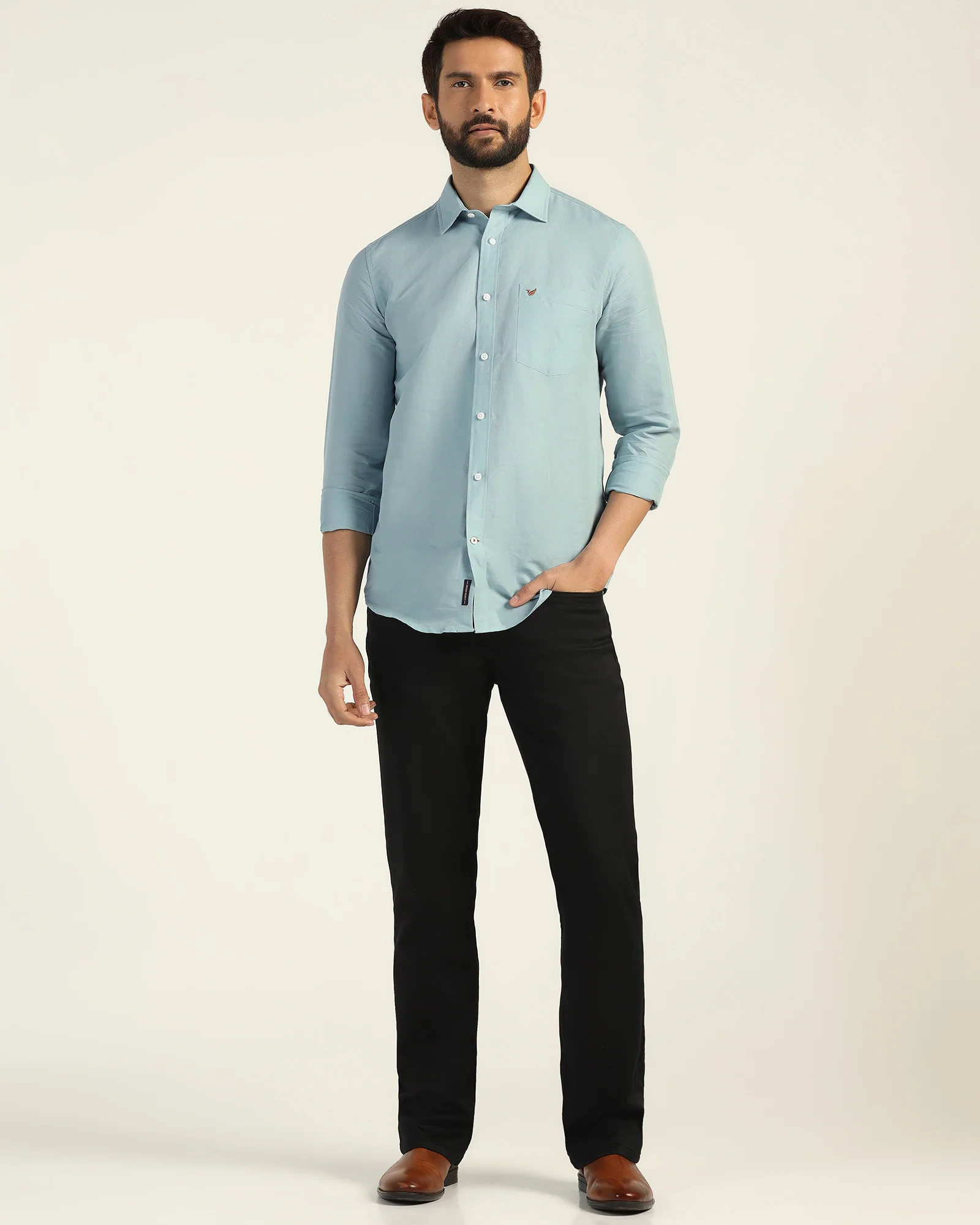 Linen Casual Green Solid Shirt - Salmon - Image 2